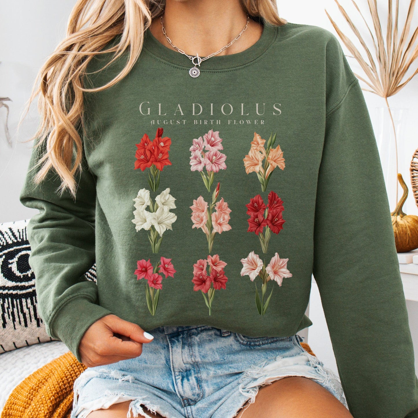 Sweatshirt Military Green / S Gladiolus August Birth Month Flower Sweatshirt The Mystic Eden