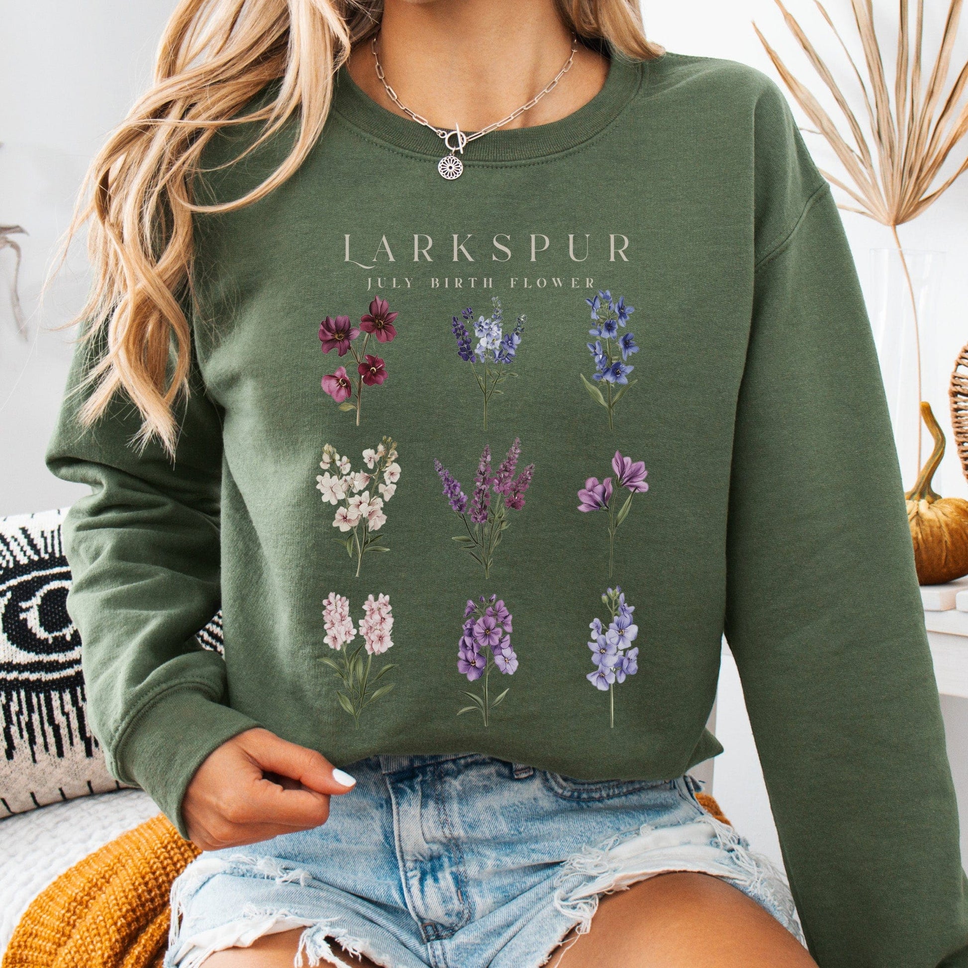 Sweatshirt Military Green / S Larkspur July Birth Month Flower Sweatshirt The Mystic Eden