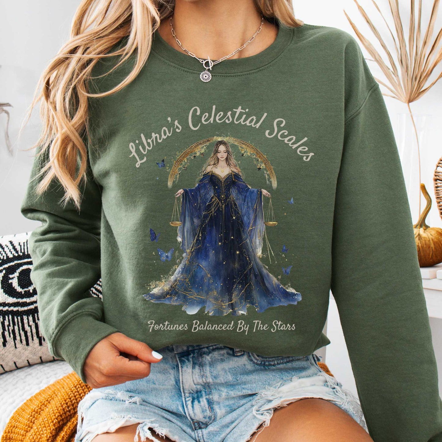 Sweatshirt Military Green / S Libra's Celestial Scales Zodiac Sweatshirt The Mystic Eden