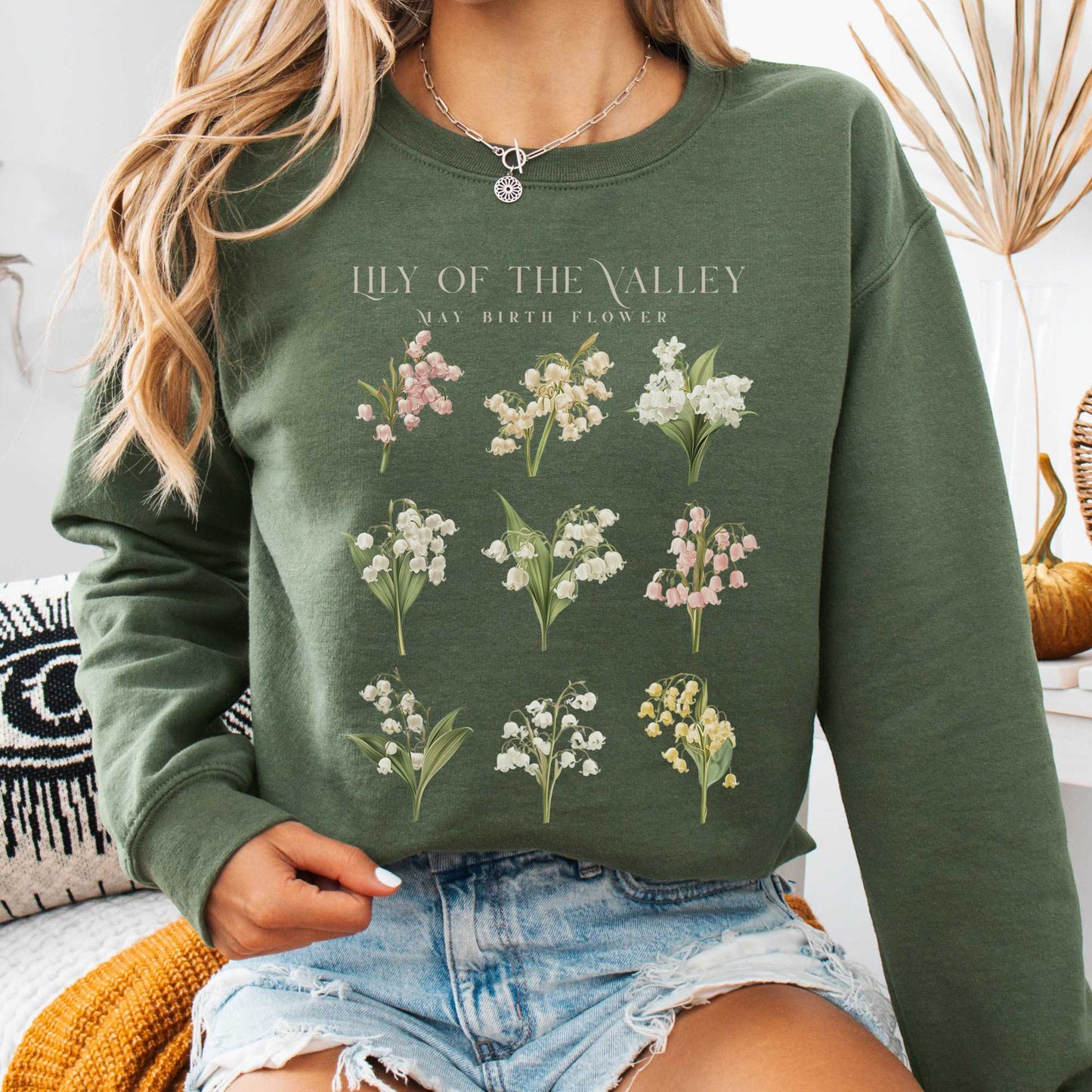 Sweatshirt Military Green / S Lily of the Valley May Birth Month Flower Sweatshirt The Mystic Eden