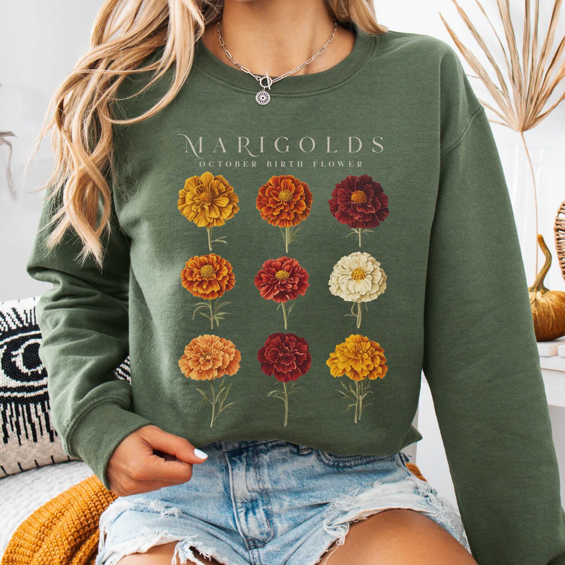 Sweatshirt Military Green / S Marigolds October Birth Month Flower Sweatshirt The Mystic Eden