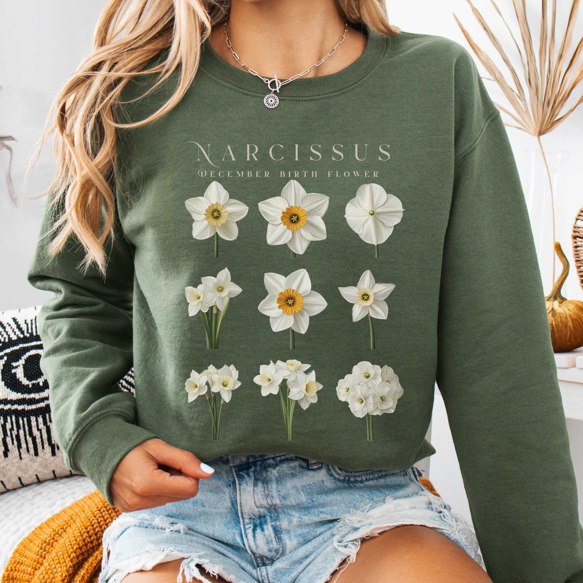 Sweatshirt Military Green / S Narcissus December Birth Month Flower Sweatshirt The Mystic Eden