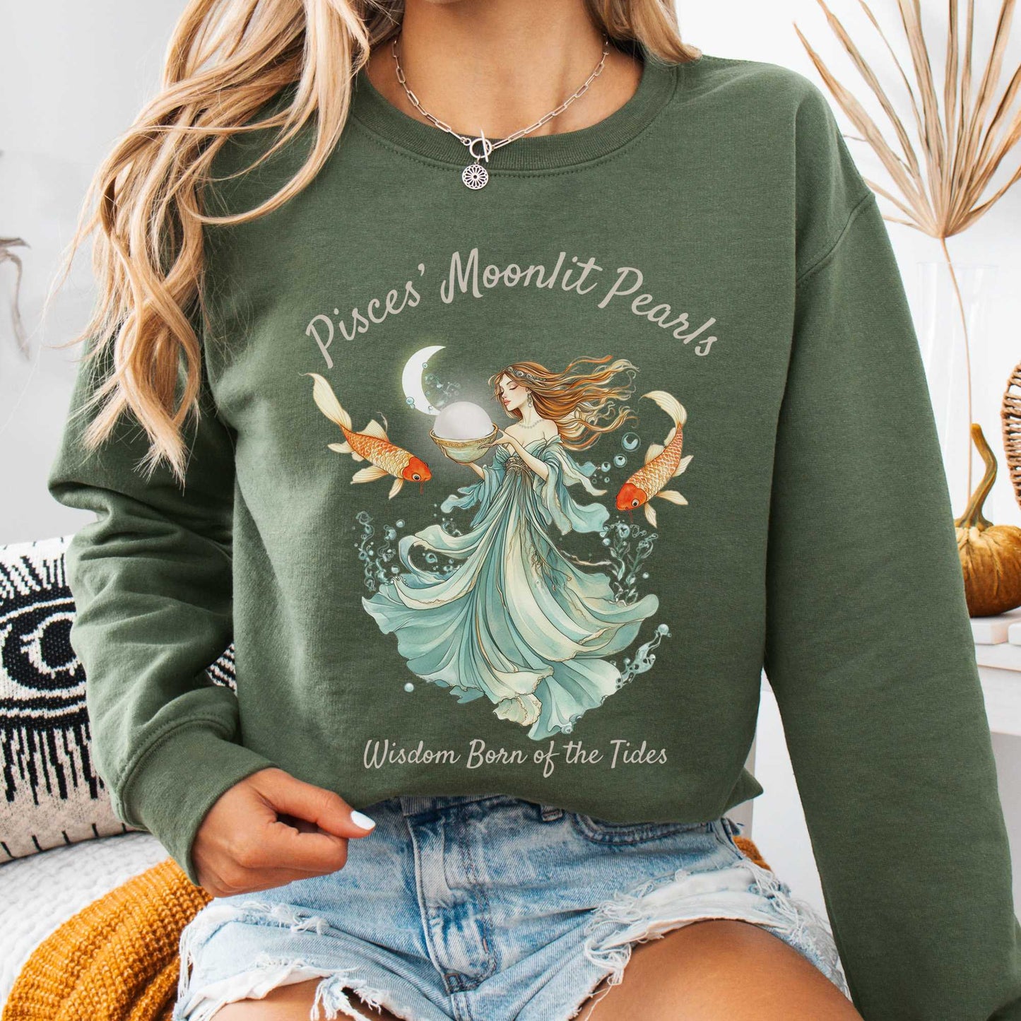 Sweatshirt Military Green / S Pisces' Moonlit Pearls Zodiac Sweatshirt The Mystic Eden