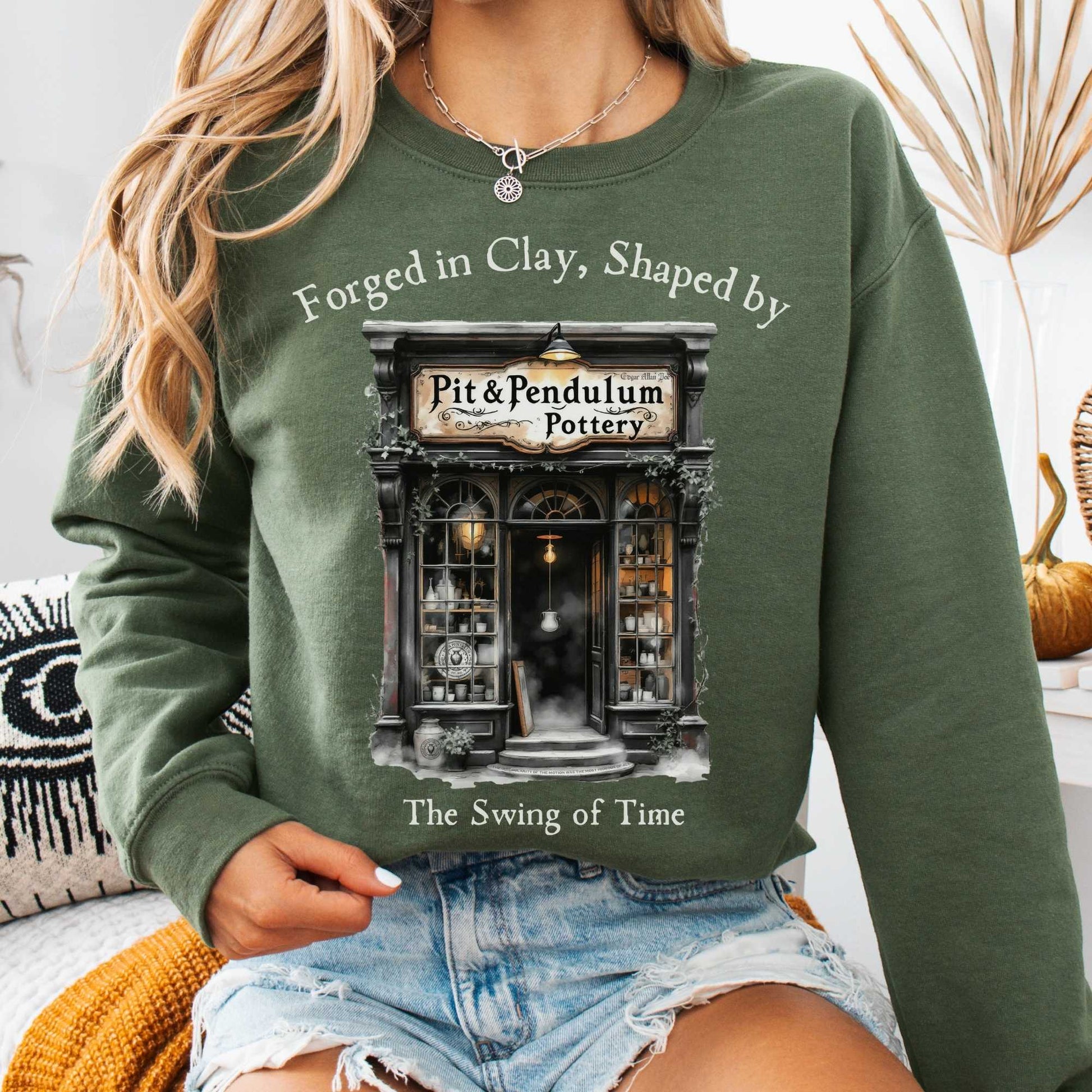 Sweatshirt Military Green / S Pit & Pendulum Pottery Edgar Allan Poe Sweatshirt The Mystic Eden