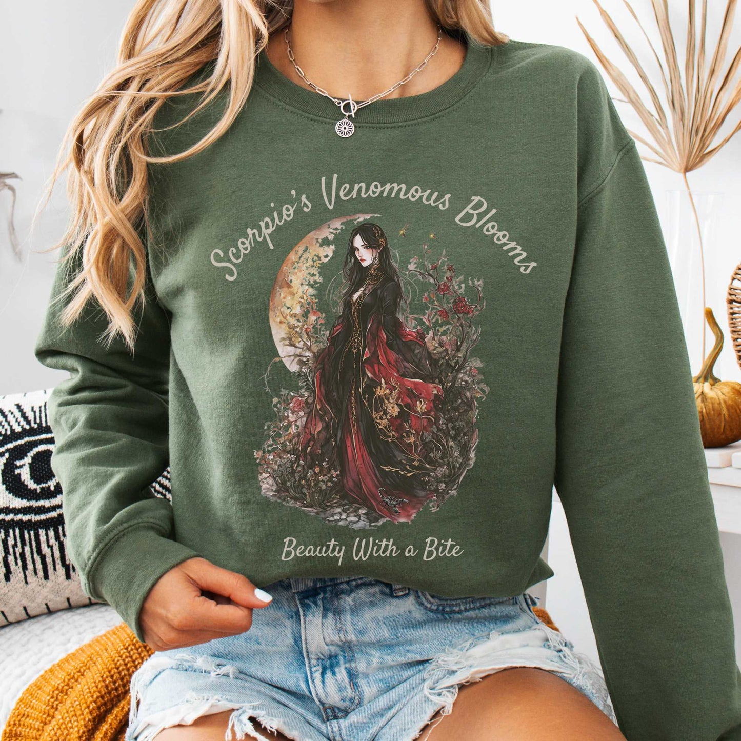 Sweatshirt Military Green / S Scorpio's Venomous Blooms Zodiac Sweatshirt The Mystic Eden
