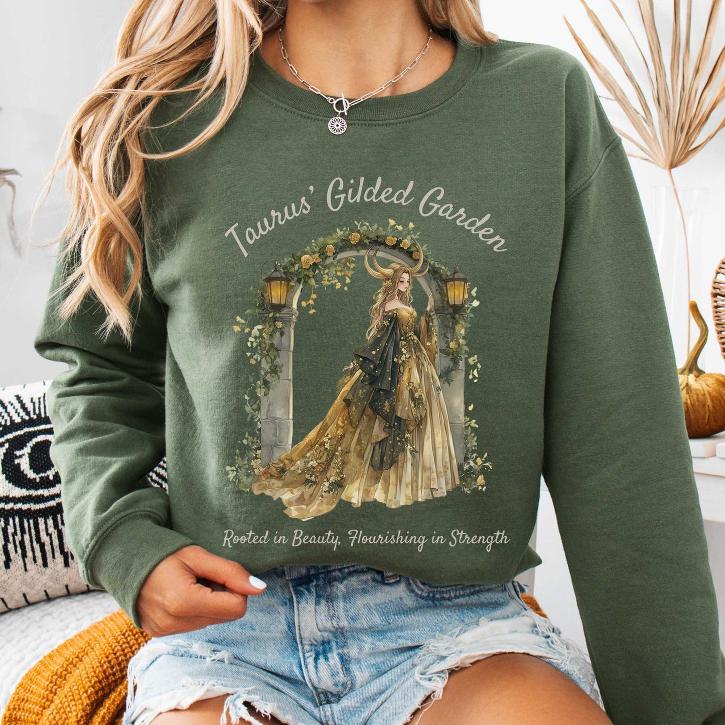 Sweatshirt Military Green / S Taurus' Gilded Garden Zodiac Sweatshirt The Mystic Eden