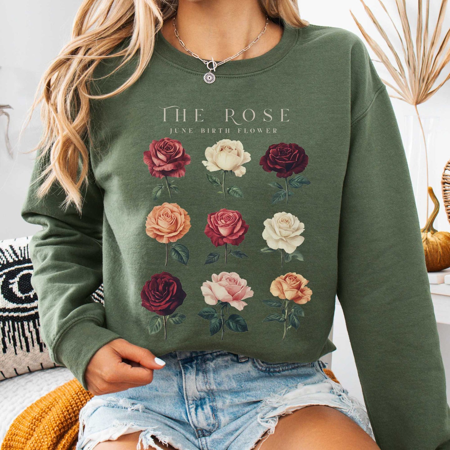 Sweatshirt Military Green / S The Rose June Birth Month Flower Sweatshirt The Mystic Eden
