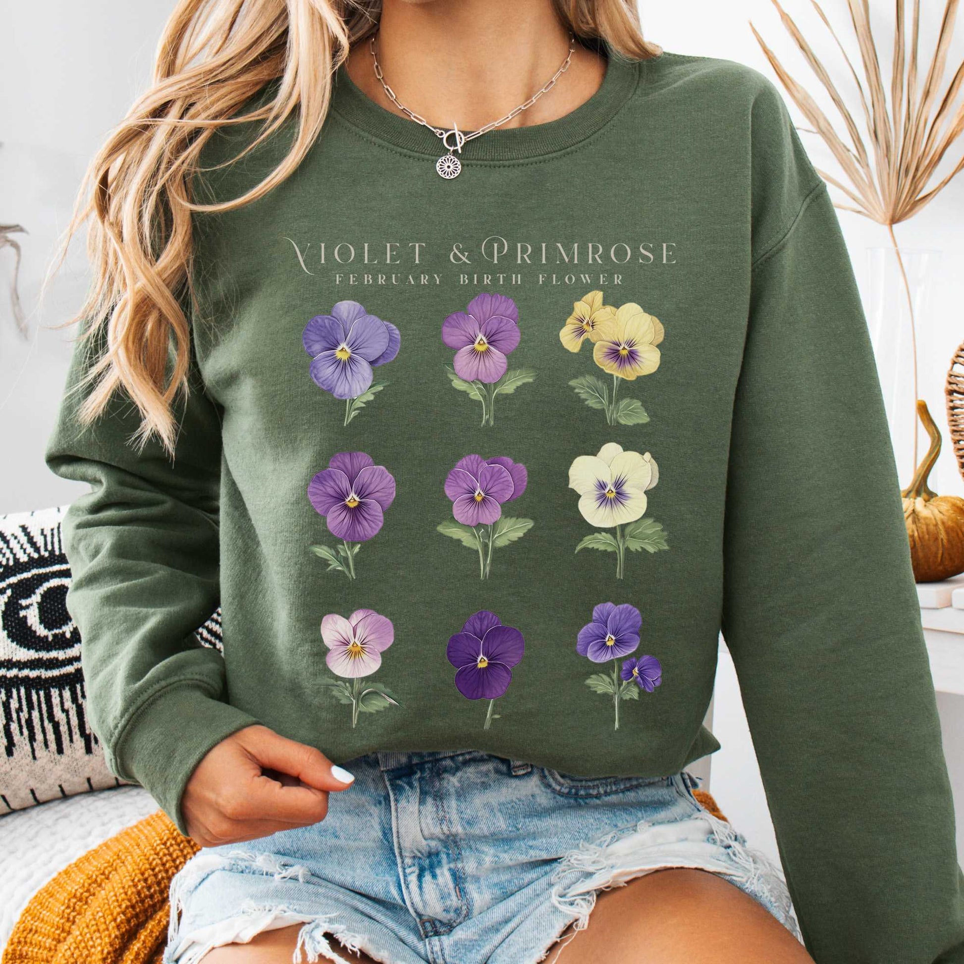 Sweatshirt Military Green / S Violet & Primrose February Birth Month Flower Sweatshirt The Mystic Eden