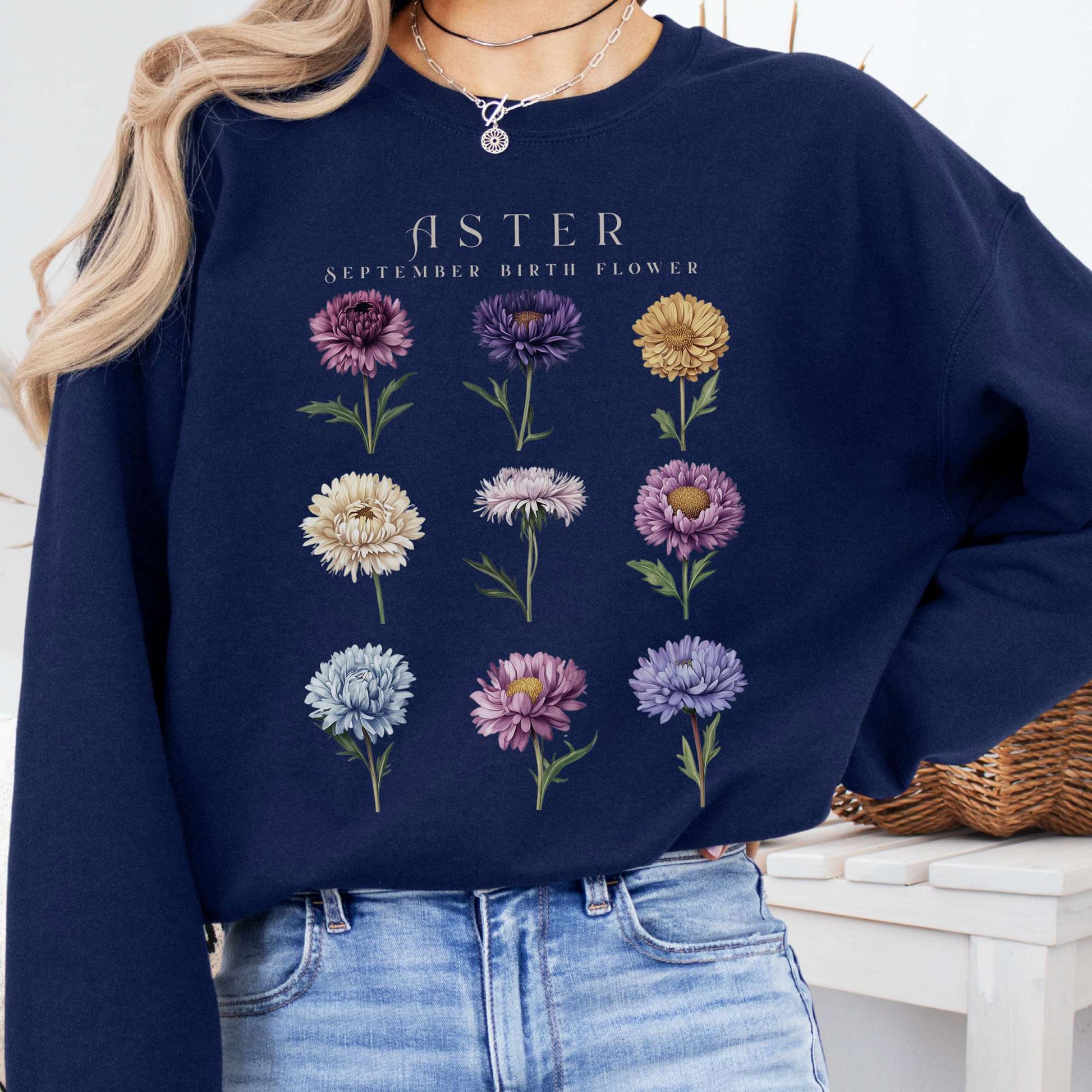Sweatshirt Navy / S Aster September Birth Month Flower Sweatshirt The Mystic Eden