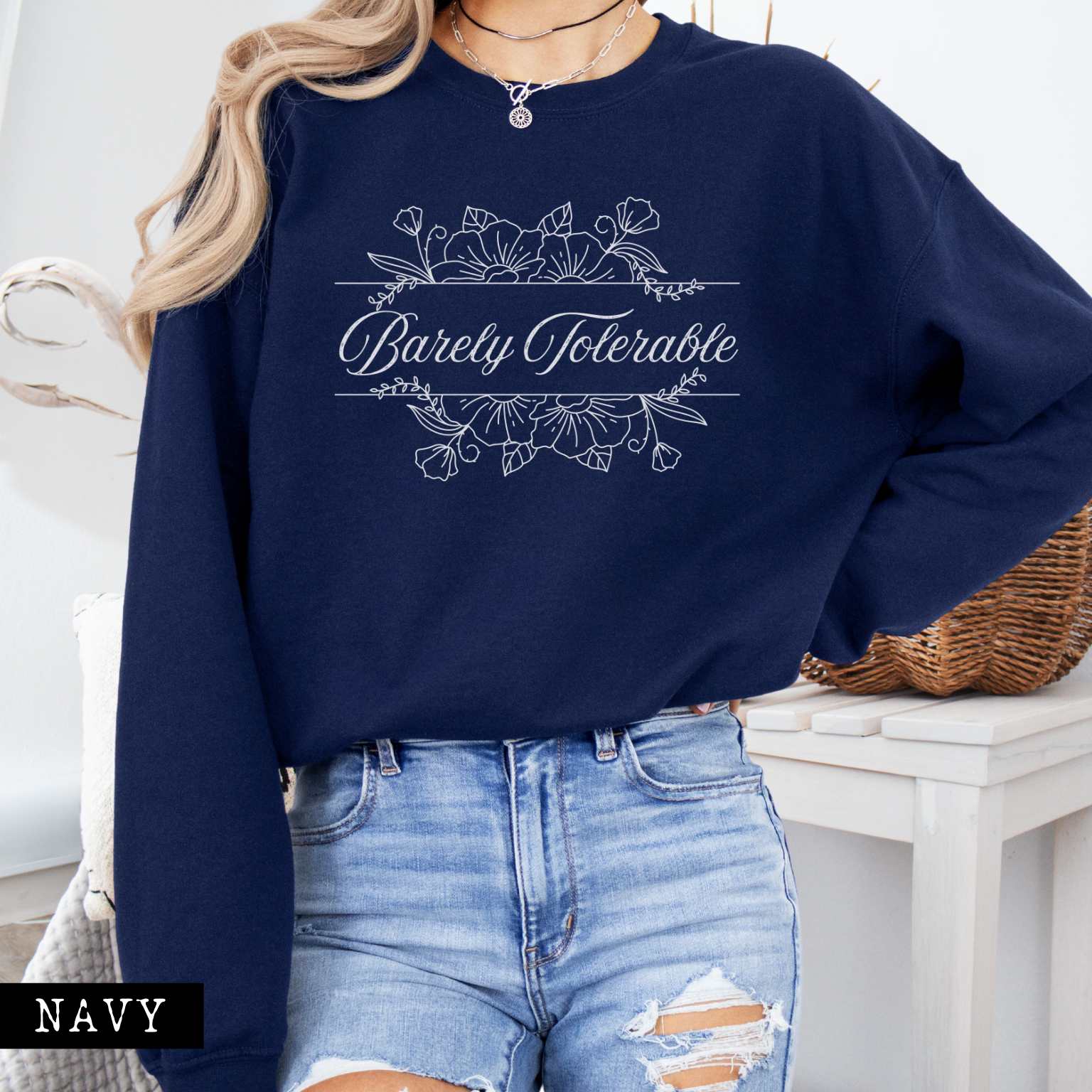 Sweatshirt Navy / S Barely Tolerable Floral Jane Austen Bookish Sweatshirt The Mystic Eden