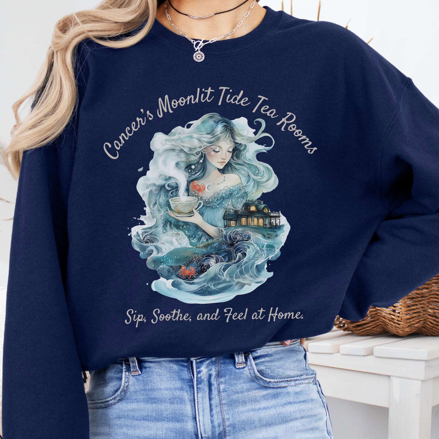 Sweatshirt Navy / S Cancer's Moonlit Tide Tea Rooms Zodiac Sweatshirt The Mystic Eden