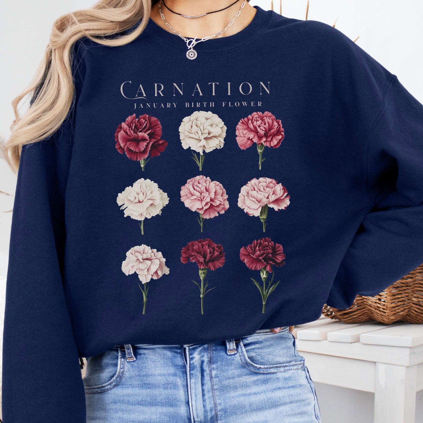 Sweatshirt Navy / S Carnation January Birth Month Flower Sweatshirt The Mystic Eden