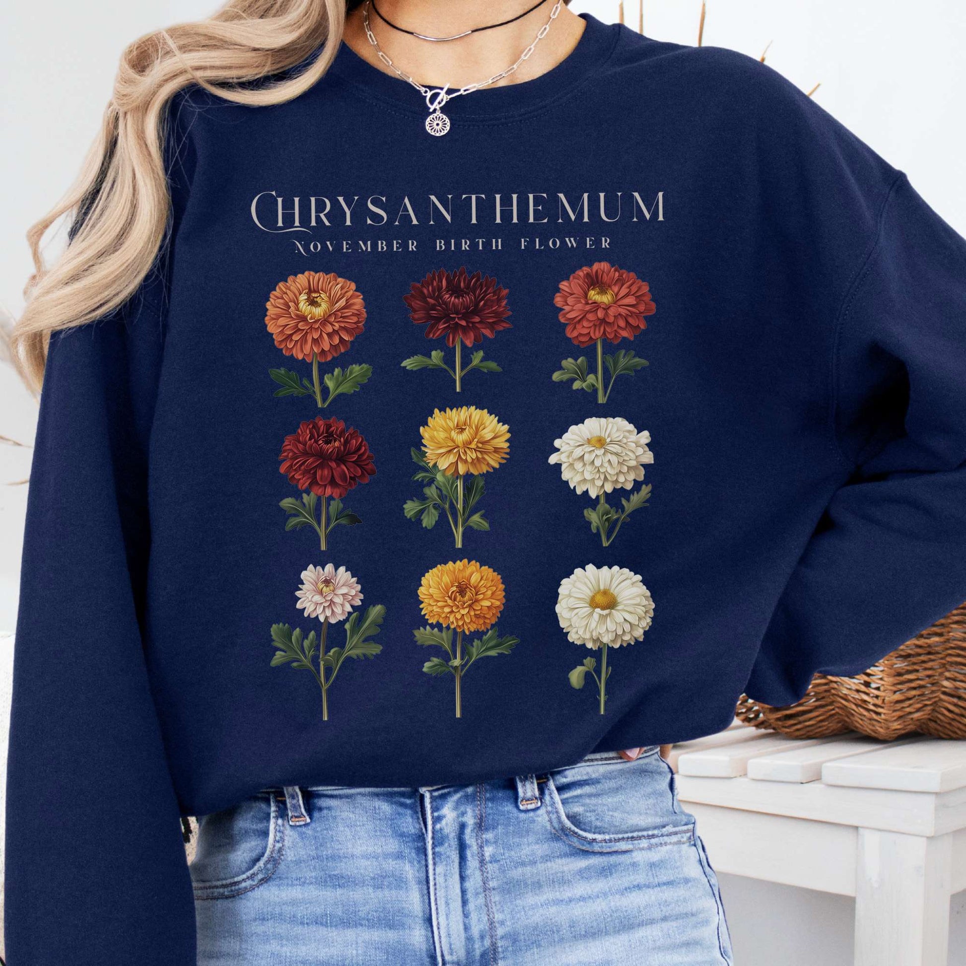 Sweatshirt Navy / S Chrysanthemum November Birth Month Flower Sweatshirt The Mystic Eden