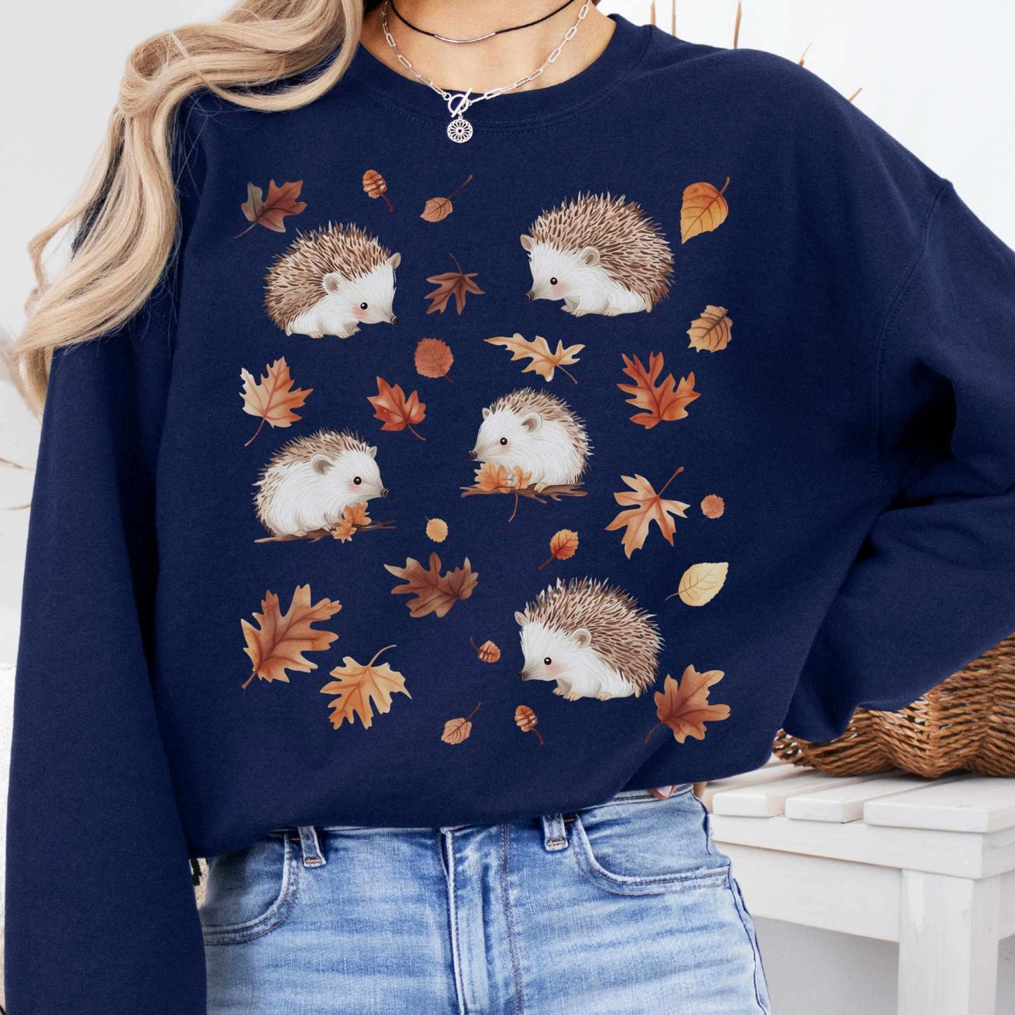 Sweatshirt Navy / S Cute Hedgehogs Autumn Leaves Cottagecore Sweatshirt The Mystic Eden