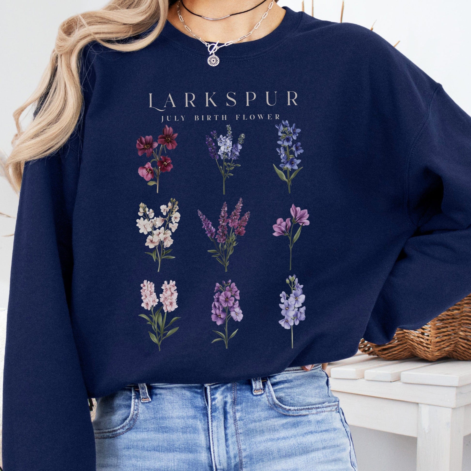 Sweatshirt Navy / S Larkspur July Birth Month Flower Sweatshirt The Mystic Eden