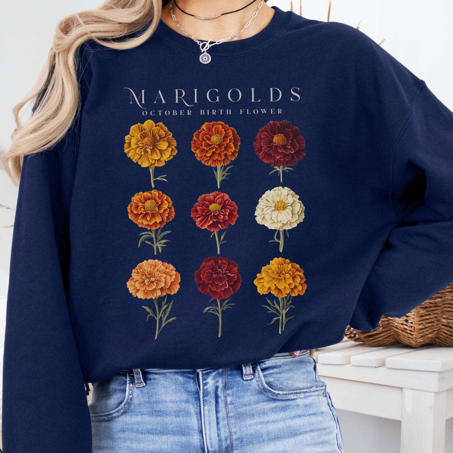 Sweatshirt Navy / S Marigolds October Birth Month Flower Sweatshirt The Mystic Eden