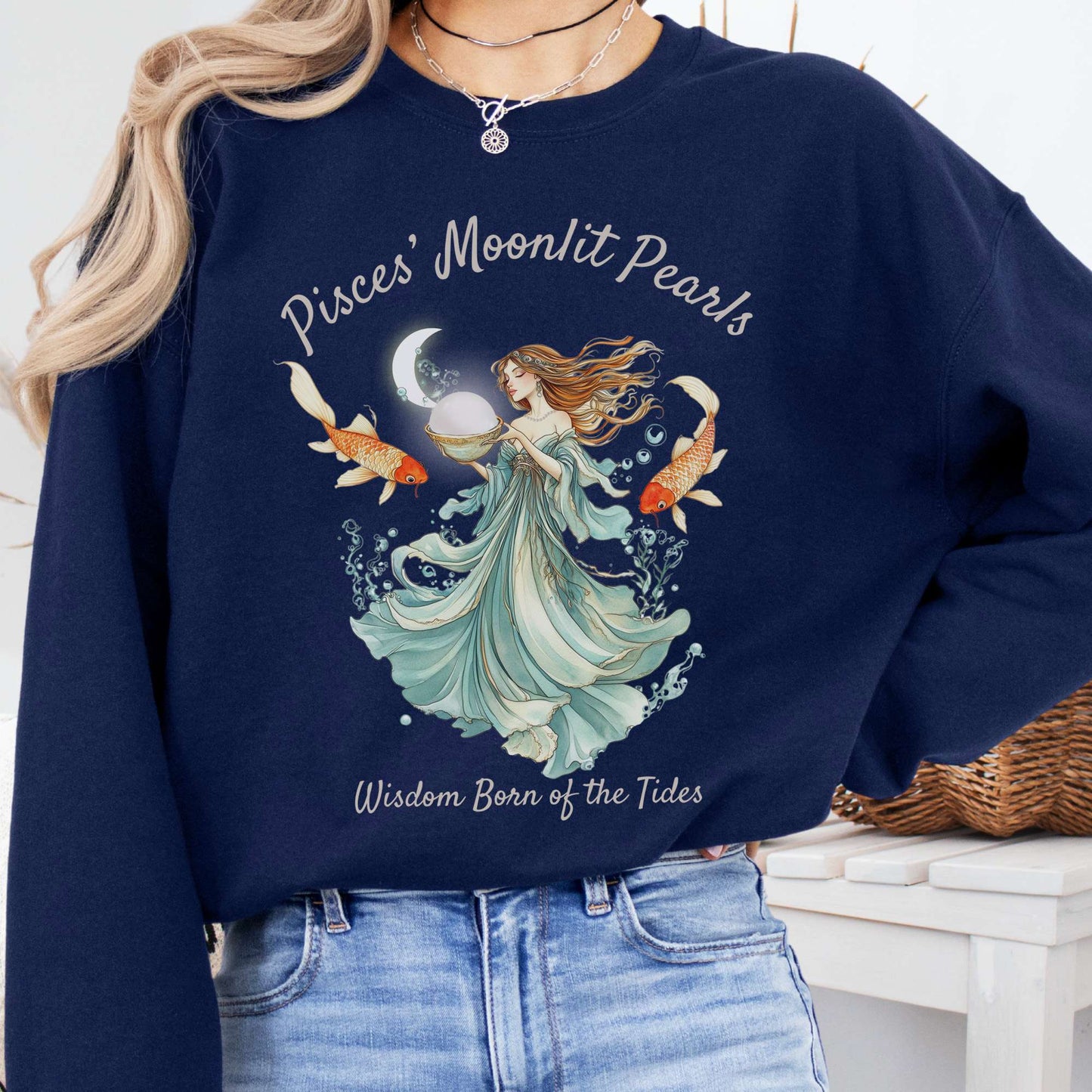 Sweatshirt Navy / S Pisces' Moonlit Pearls Zodiac Sweatshirt The Mystic Eden