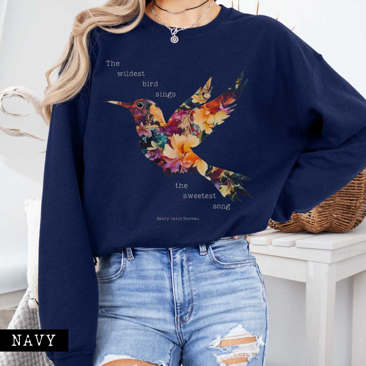 Sweatshirt Navy / S The Wildest Bird Sings the Sweetest Song - Henry Thoreau Sweatshirt The Mystic Eden