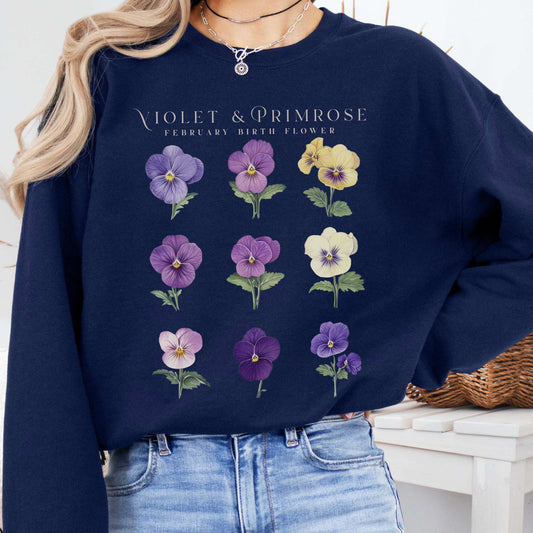 Sweatshirt Navy / S Violet & Primrose February Birth Month Flower Sweatshirt The Mystic Eden