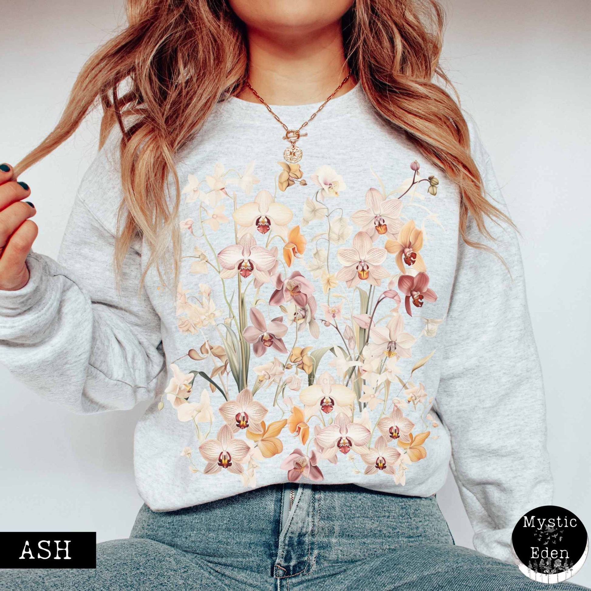 Sweatshirt S / Ash Cottagecore Wildflower Orchid Sweatshirt The Mystic Eden