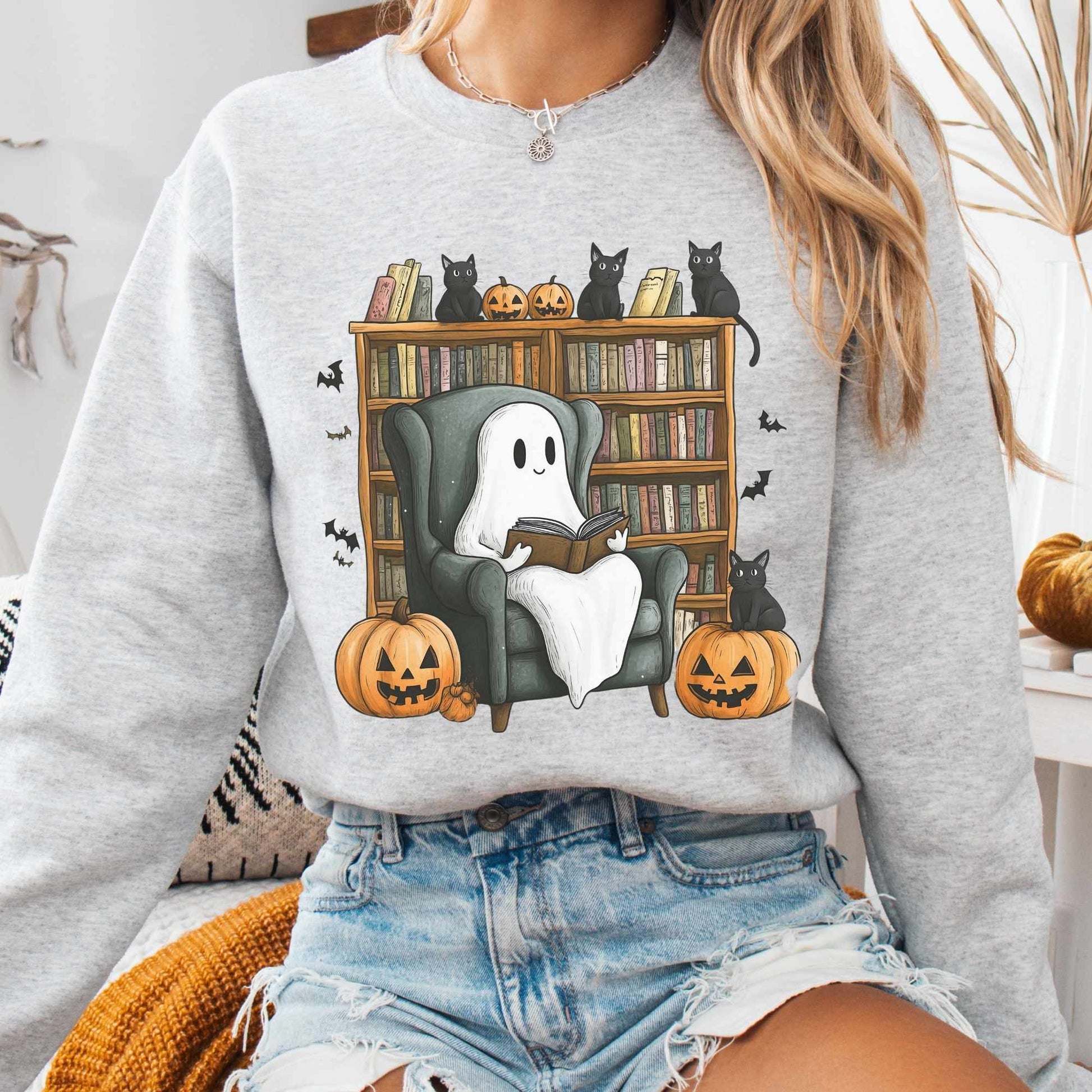 Sweatshirt S / Ash Happy Reading Ghosts with Black Cats Sweatshirt The Mystic Eden