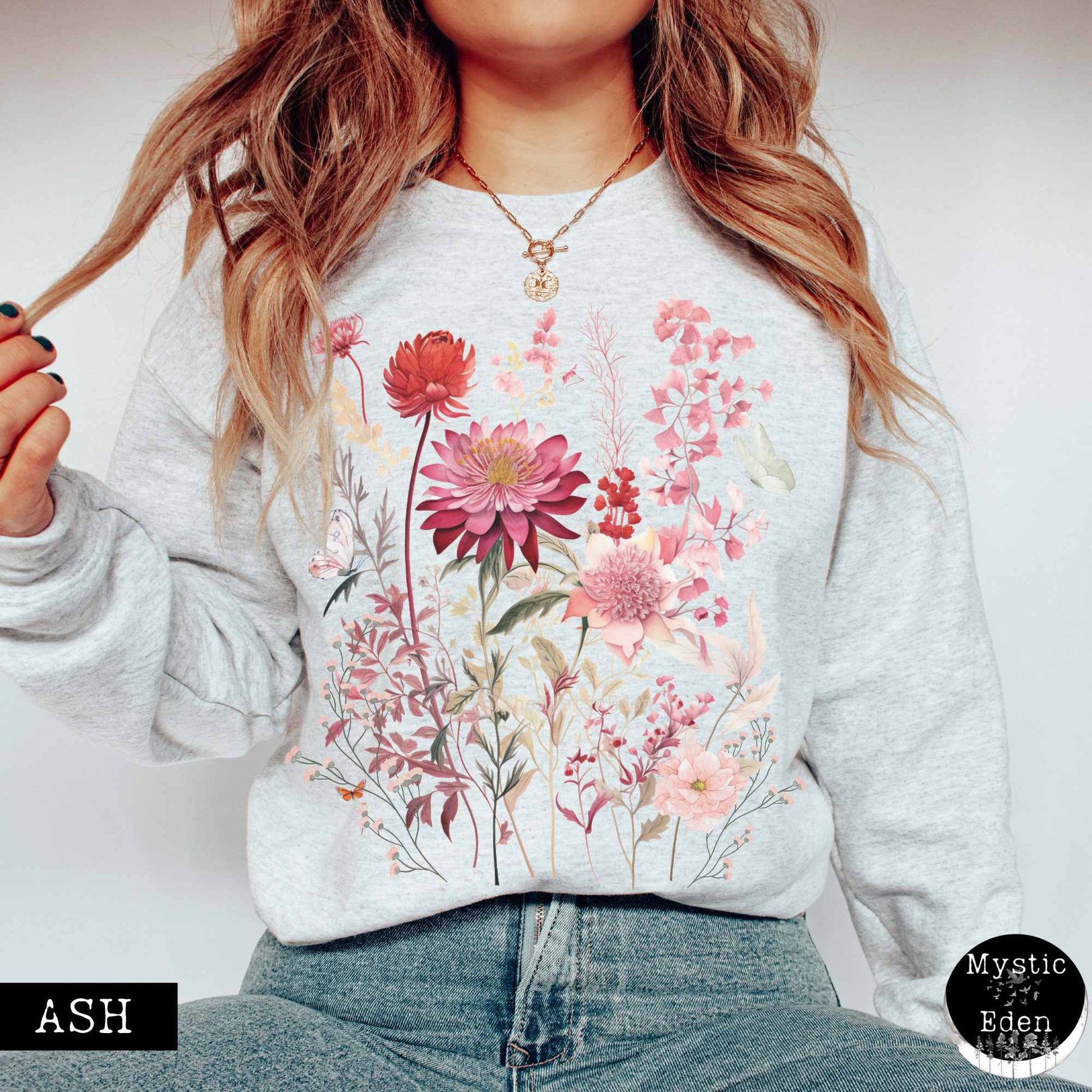 Sweatshirt S / Ash Pink Floral pressed flowers sweatshirt with butterflies The Mystic Eden