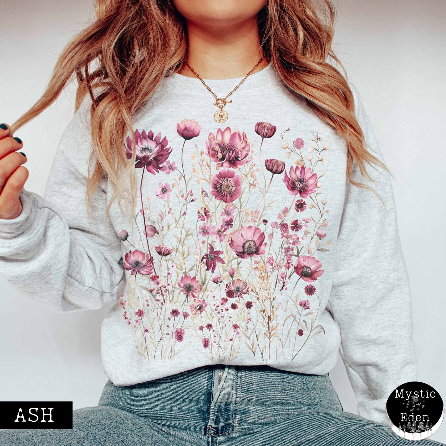 Sweatshirt S / Ash Vintage maroon pressed flowers sweatshirt The Mystic Eden