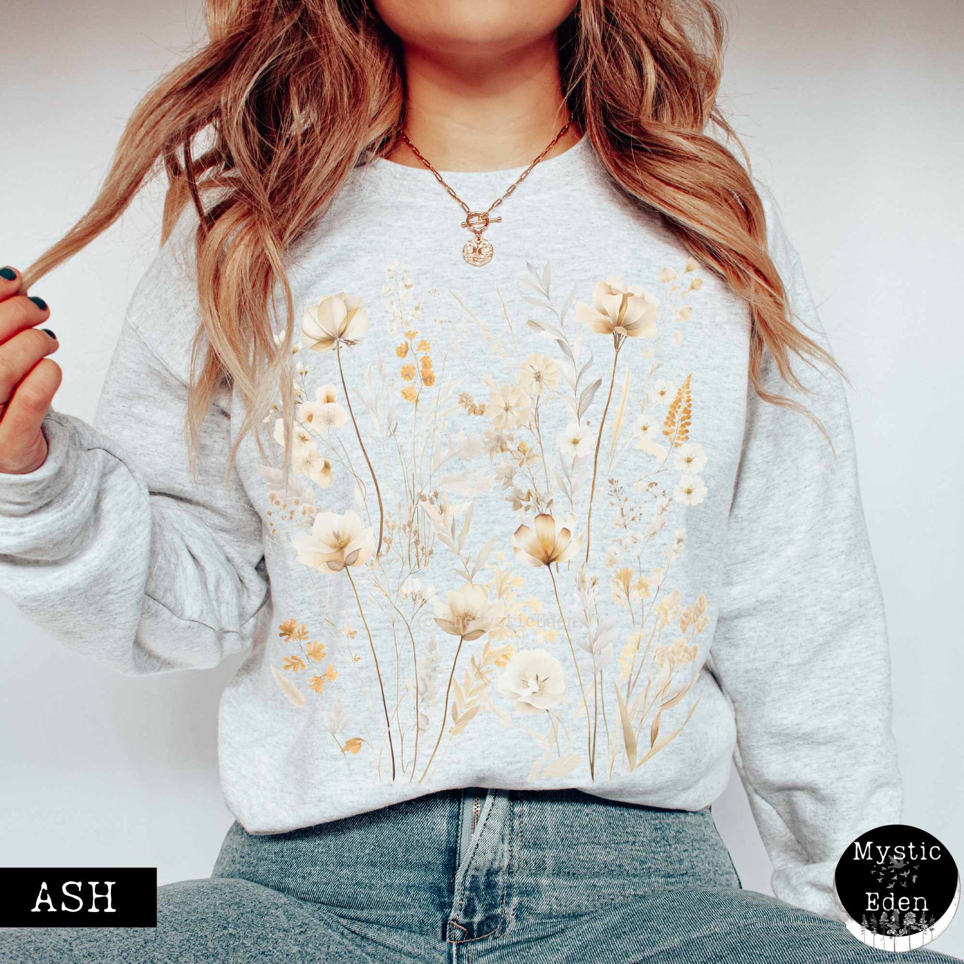 Sweatshirt S / Ash Vintage white pressed flowers wildflower sweatshirt The Mystic Eden