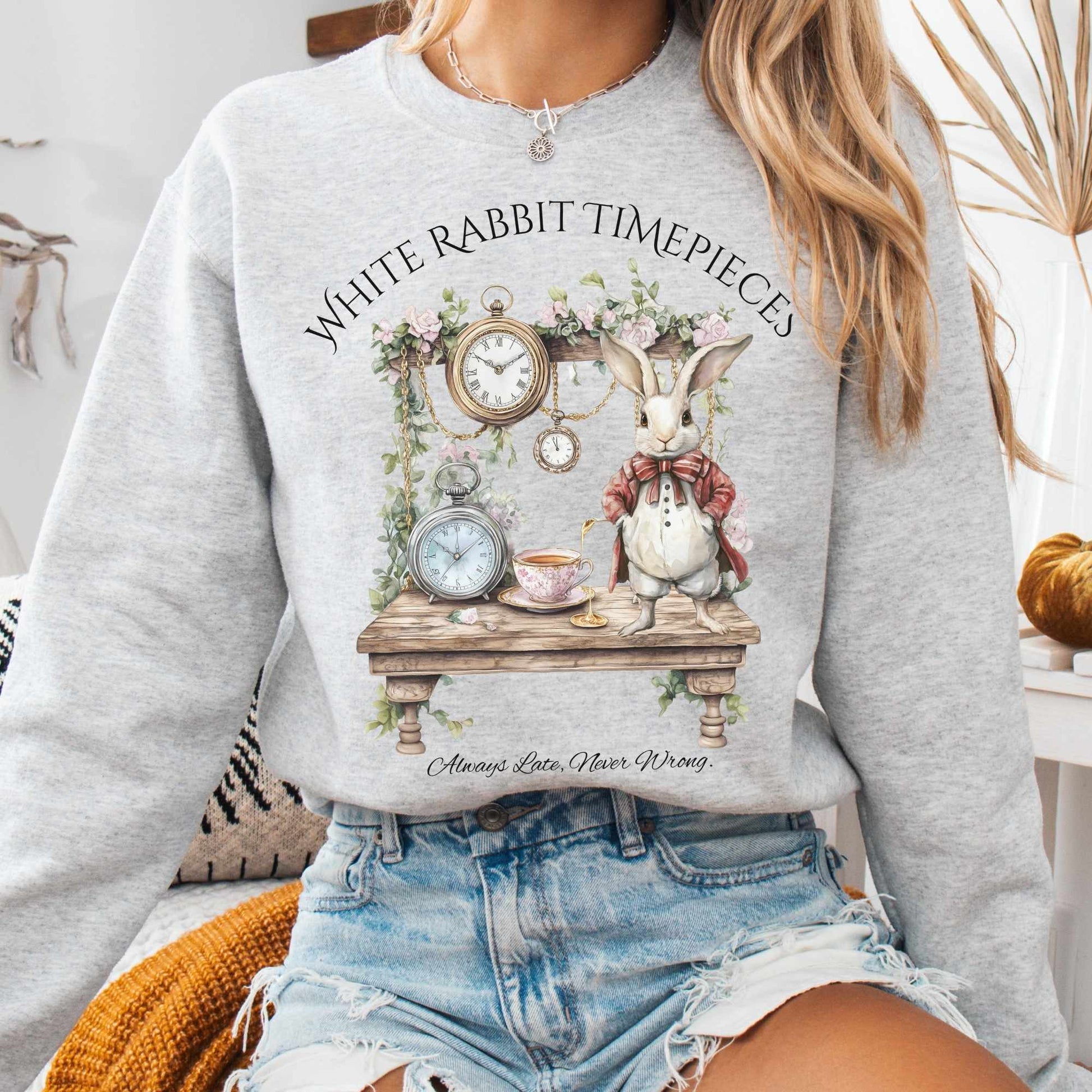 Sweatshirt S / Ash White Rabbit Timepieces Sweatshirt Alice in Wonderland The Mystic Eden
