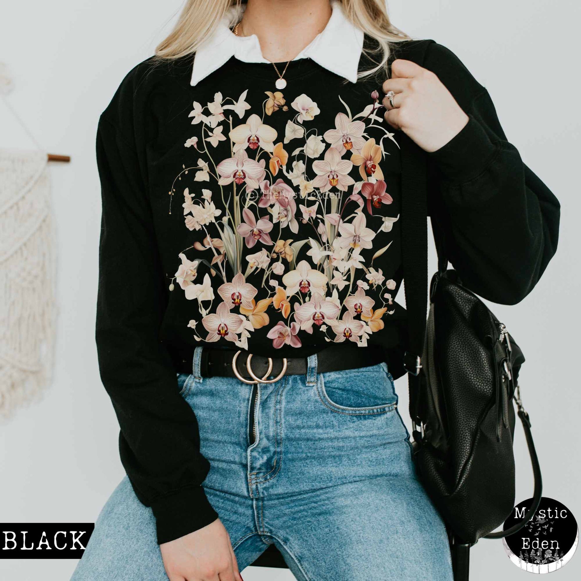 Sweatshirt S / Black Cottagecore Wildflower Orchid Sweatshirt The Mystic Eden