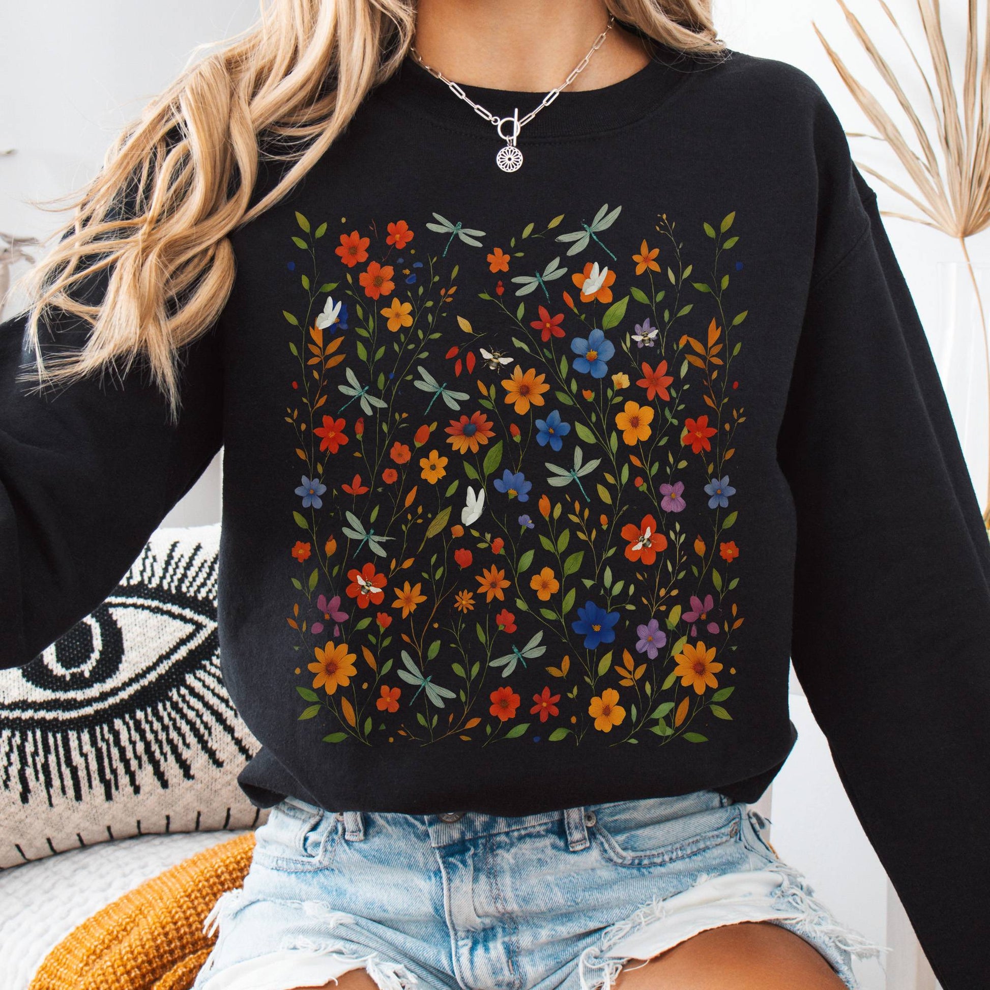 Sweatshirt S / Black Dragonfly Meadow Sweatshirt β Whimsical Floral Tee The Mystic Eden