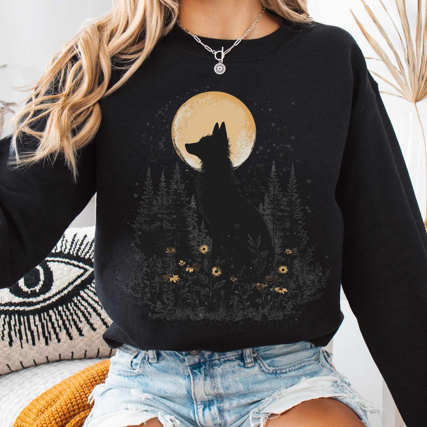 Sweatshirt S / Black Mystical Fox Under Yellow Moon Sweatshirt The Mystic Eden