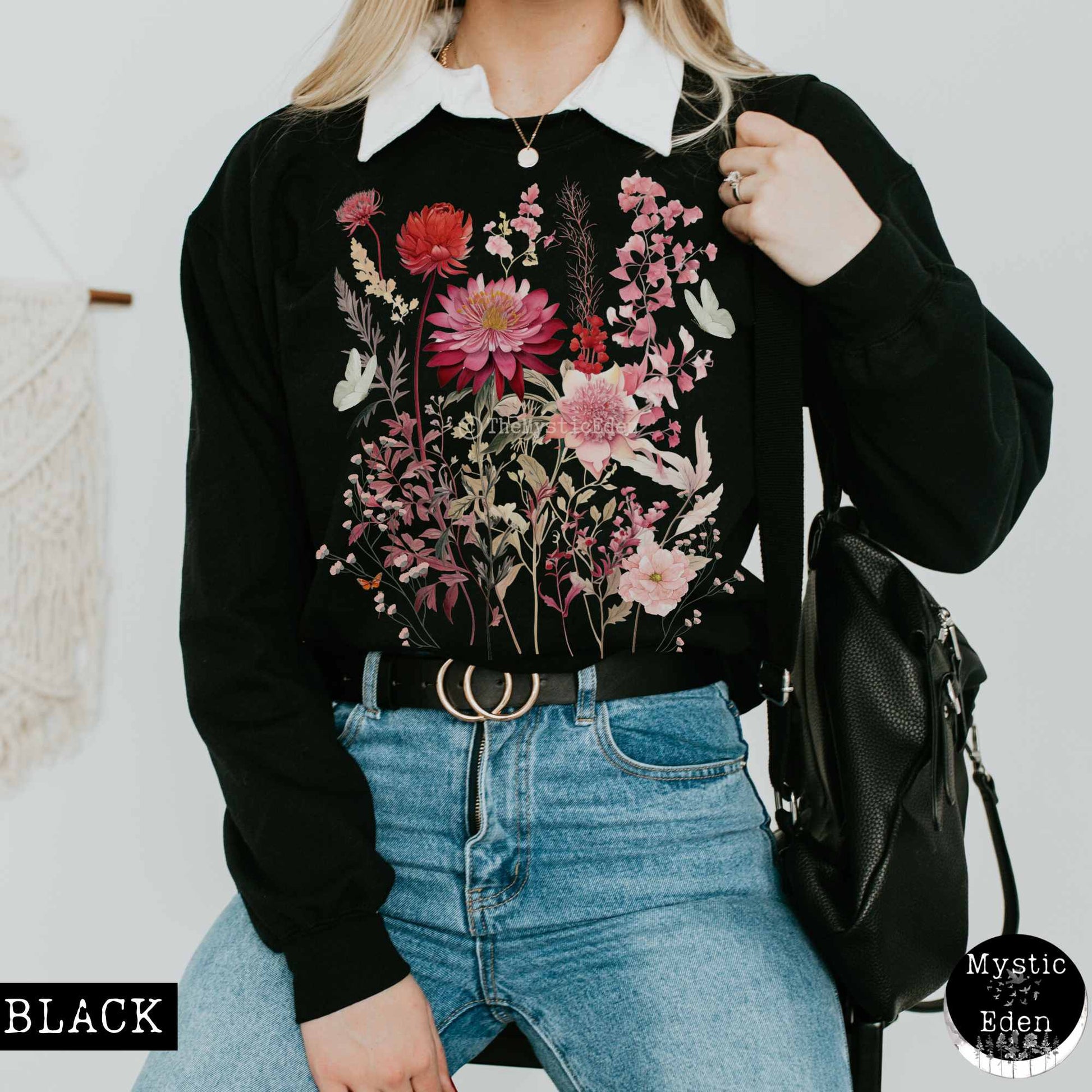 Sweatshirt S / Black Pink Floral pressed flowers sweatshirt with butterflies The Mystic Eden