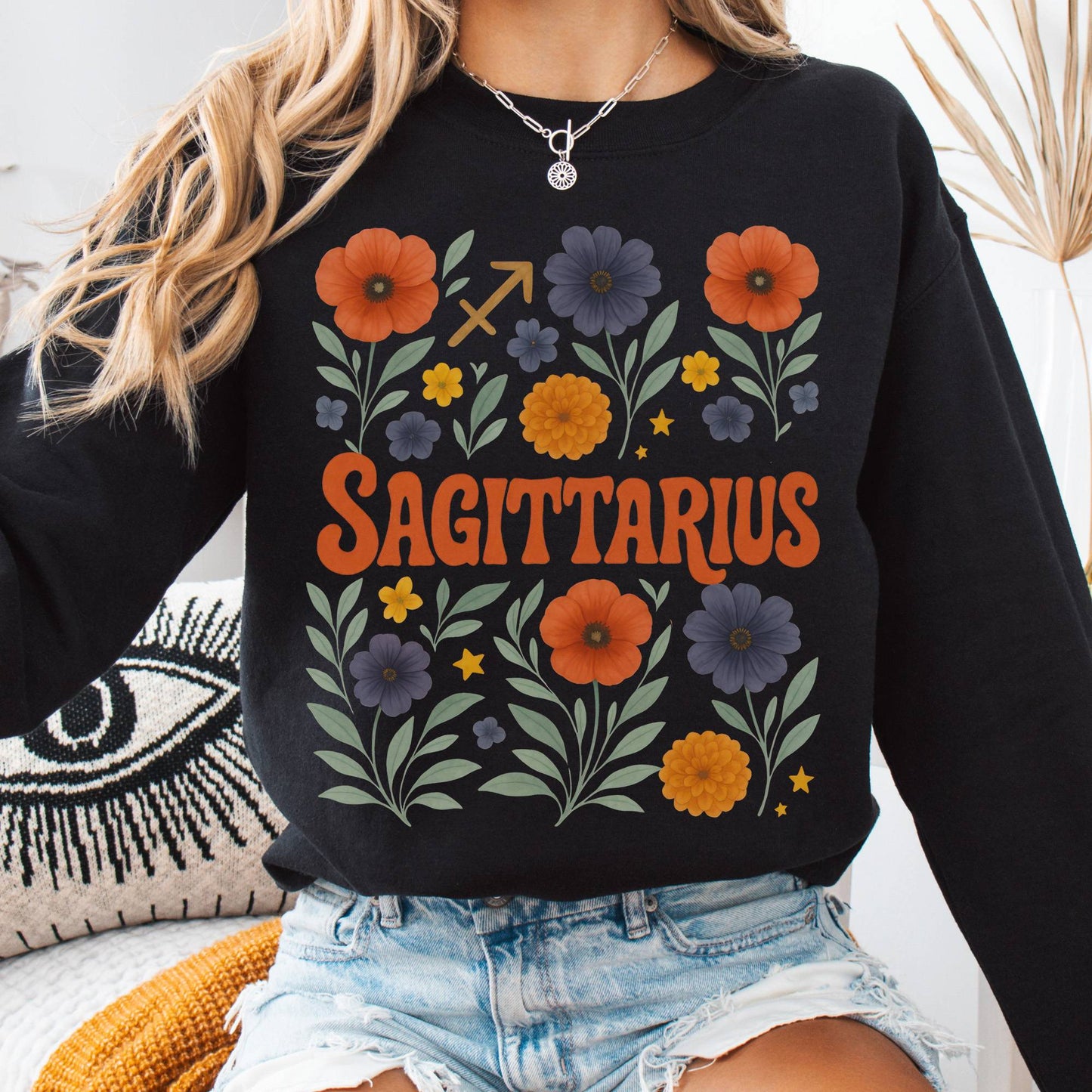 Sweatshirt S / Black Sagittarius Sweatshirt – Boho Floral Zodiac Pullover The Mystic Eden