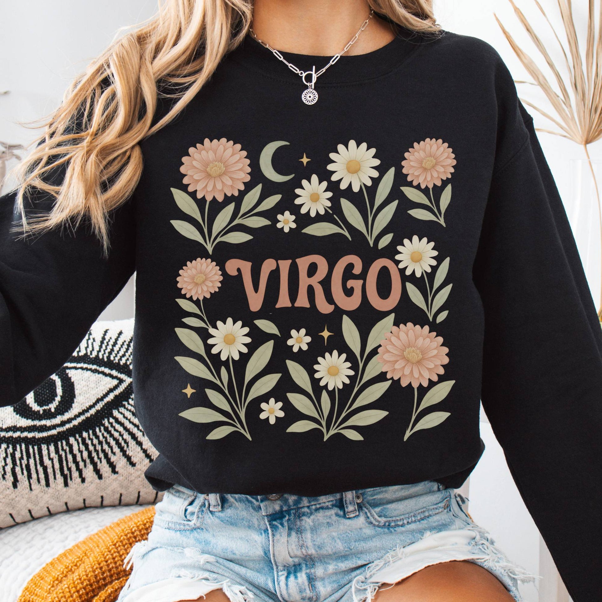 Sweatshirt S / Black Virgo Sweatshirt – Boho Floral Zodiac Pullover The Mystic Eden