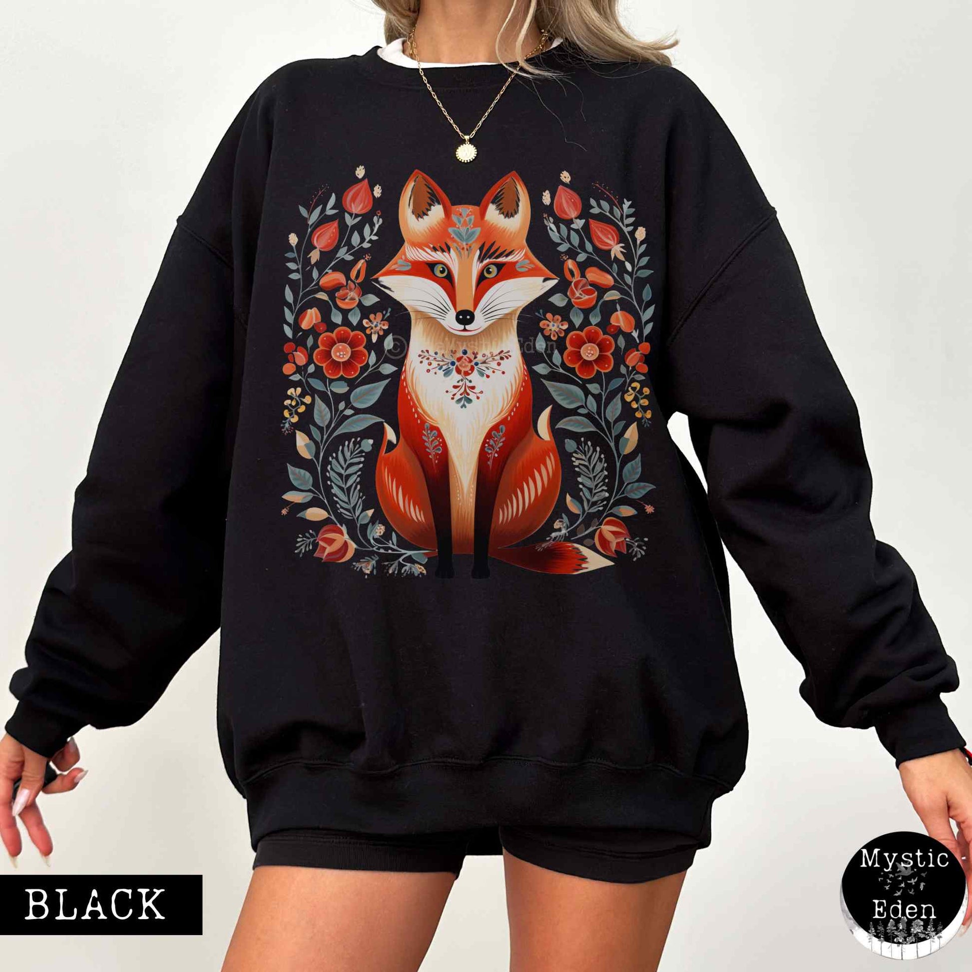 Sweatshirt S / Black Whimsical Scandinavian Folk Art Fox Sweatshirt The Mystic Eden