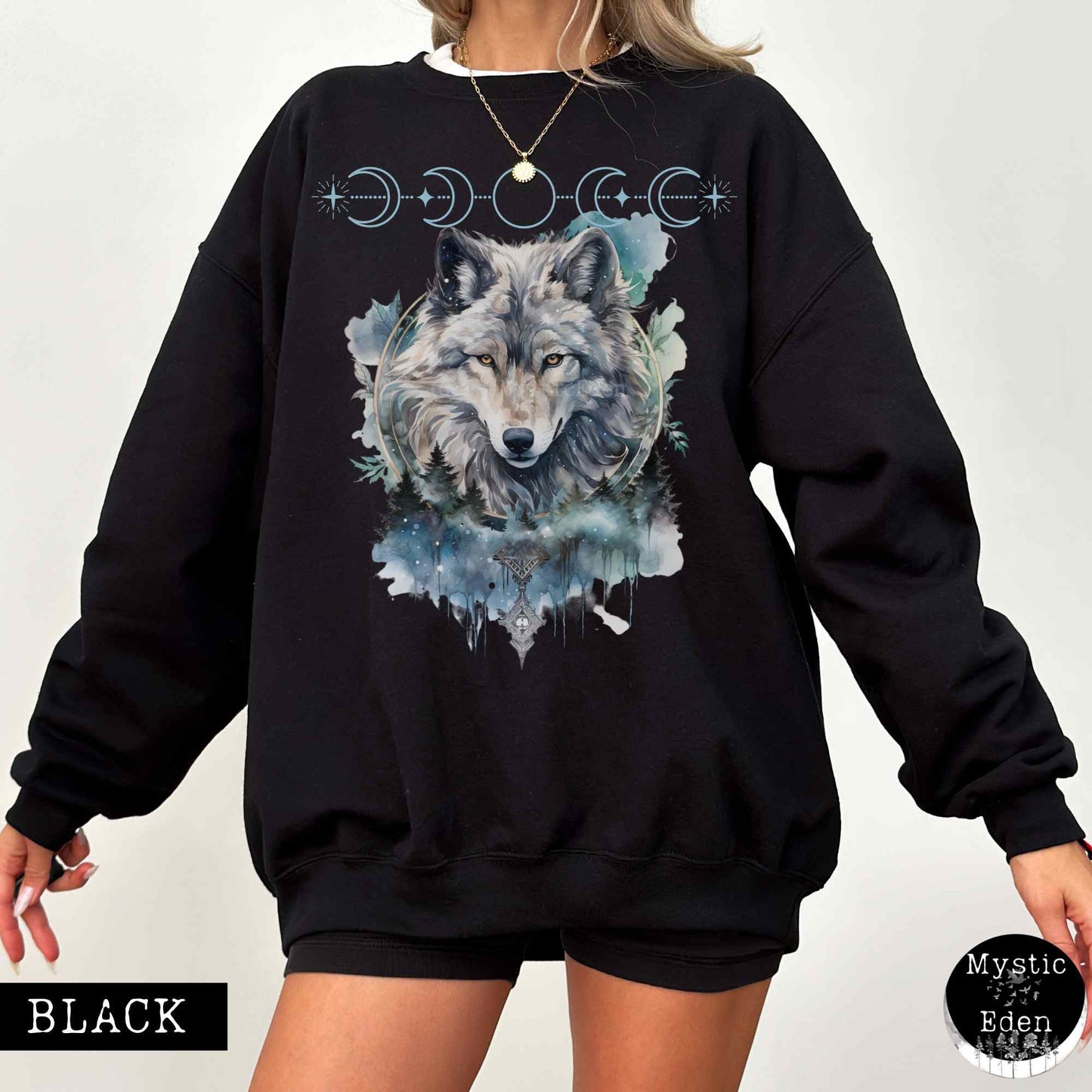 Sweatshirt S / Black Whimsical Wolf Sweatshirt The Mystic Eden
