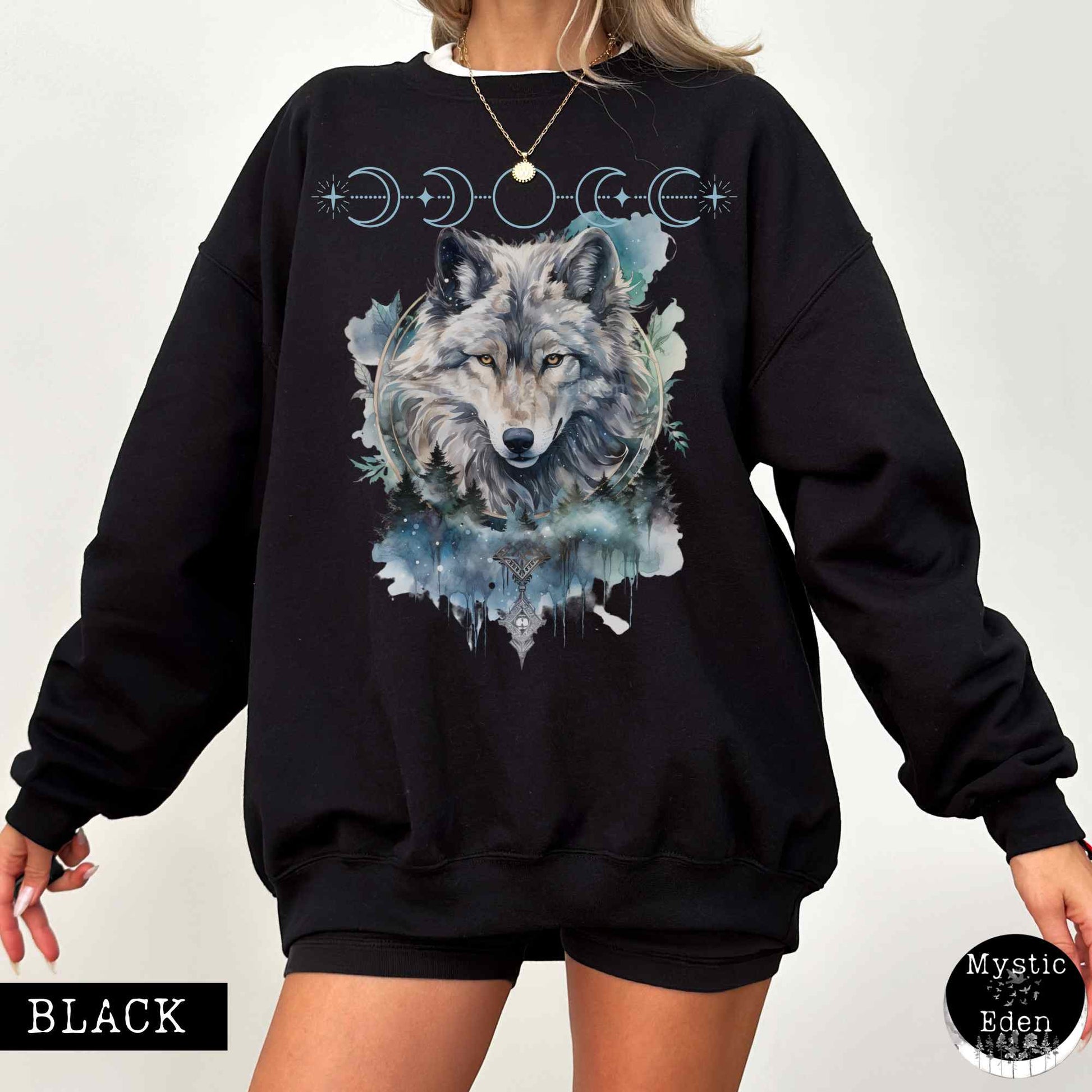 Sweatshirt S / Black Whimsical Wolf Sweatshirt The Mystic Eden