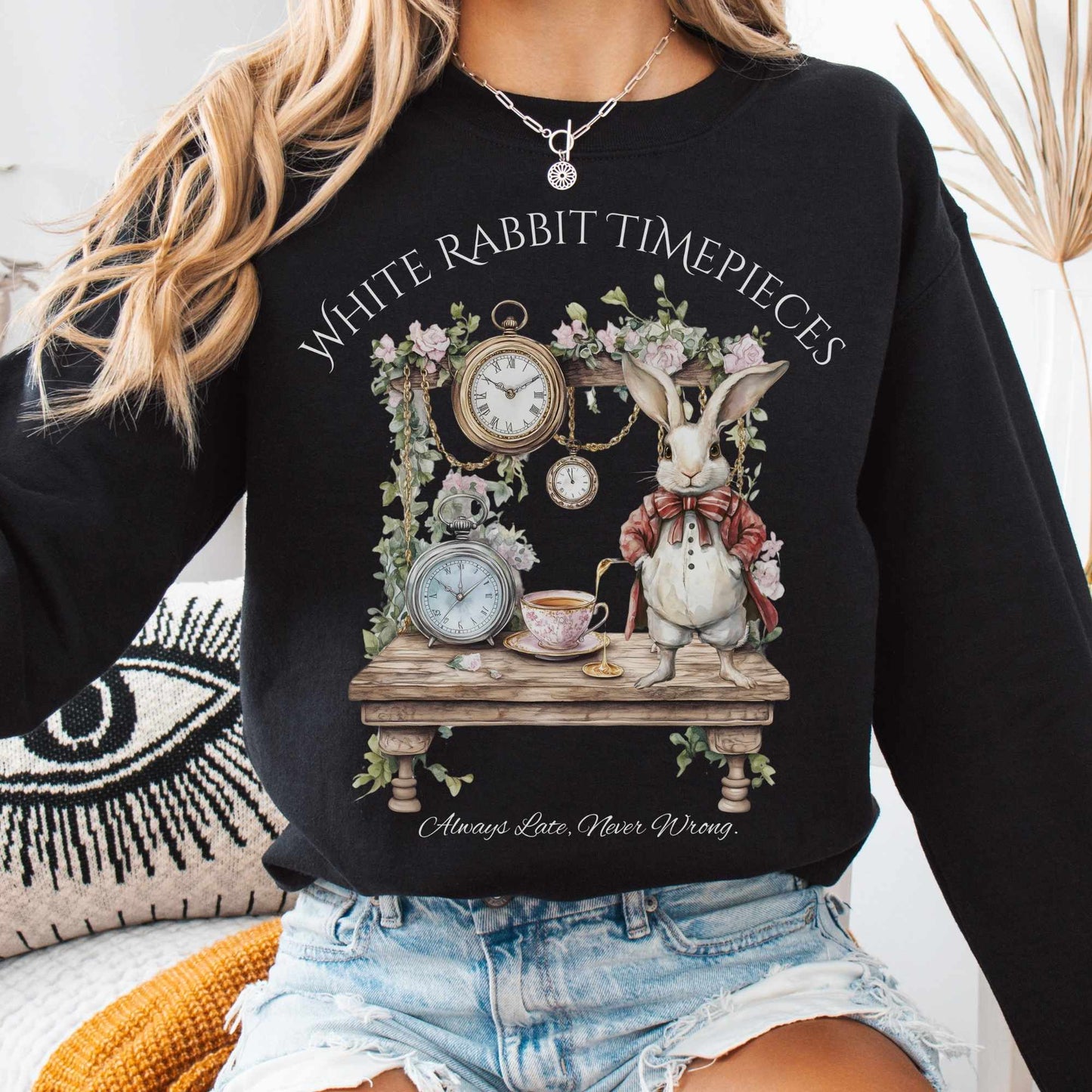 Sweatshirt S / Black White Rabbit Timepieces Sweatshirt Alice in Wonderland The Mystic Eden