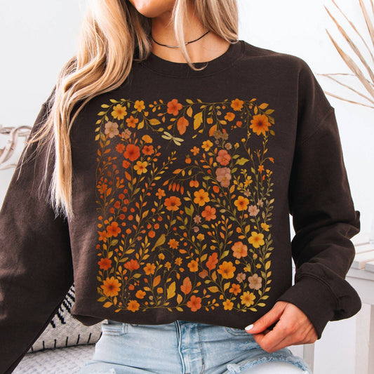 Sweatshirt S / Dark Chocolate Autumn Wildflower Sweatshirt – Cottagecore Floral Tee The Mystic Eden