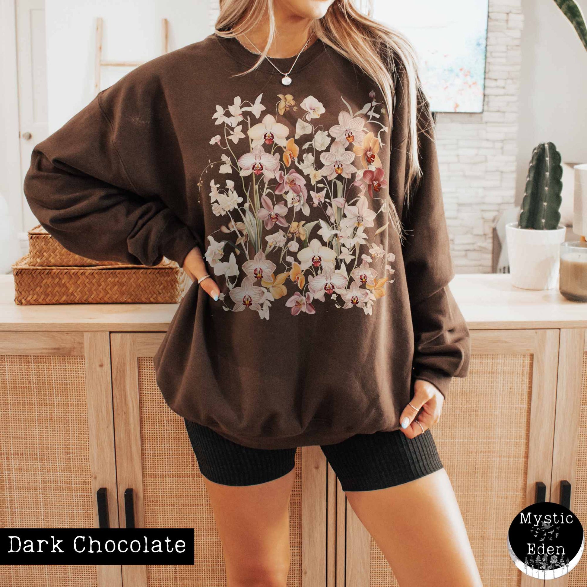 Sweatshirt S / Dark Chocolate Cottagecore Wildflower Orchid Sweatshirt The Mystic Eden