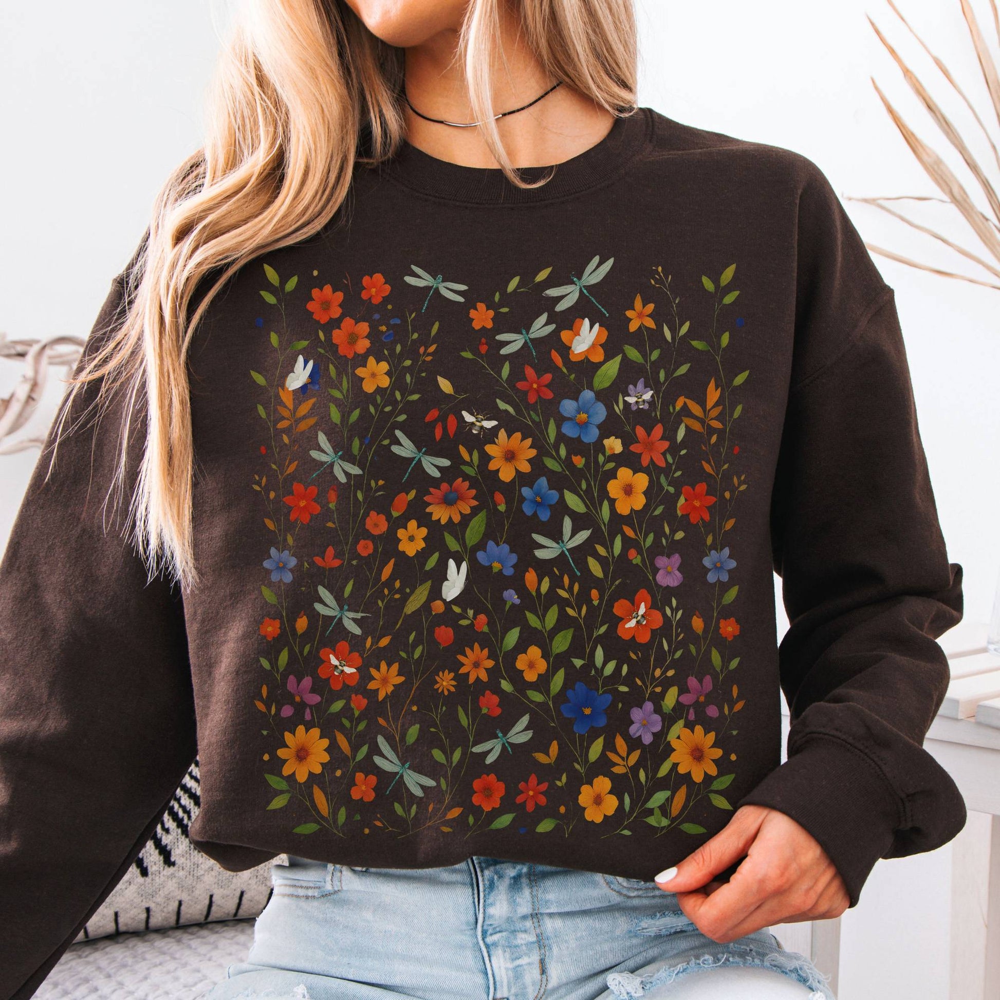 Sweatshirt S / Dark Chocolate Dragonfly Meadow Sweatshirt β Whimsical Floral Tee The Mystic Eden