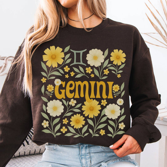 Sweatshirt S / Dark Chocolate Gemini Sweatshirt – Boho Floral Zodiac Pullover The Mystic Eden
