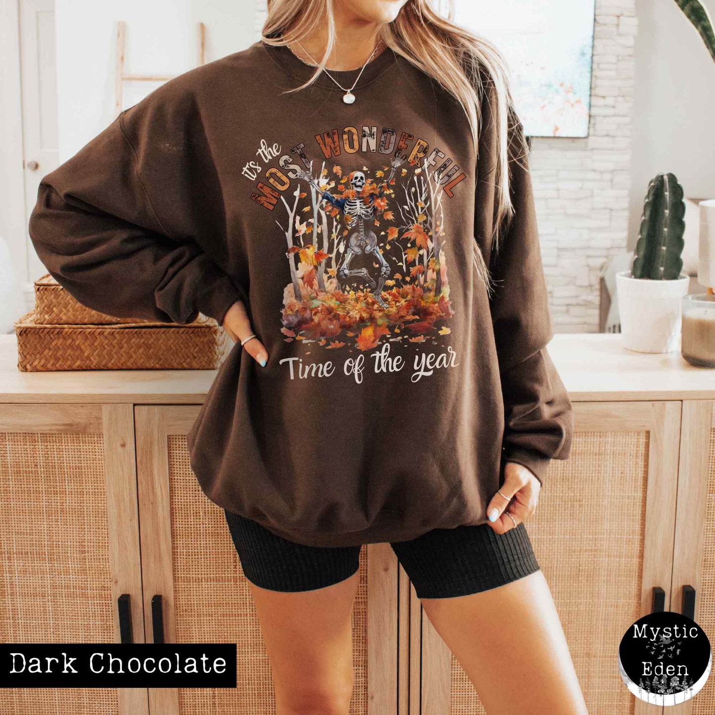 Sweatshirt S / Dark Chocolate It's the most wonderful time of the year - Fall Witchy Skeleton Sweatshirt The Mystic Eden