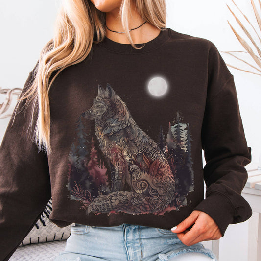 Sweatshirt S / Dark Chocolate Nightfall Wolf Sweatshirt – Mystical Forestcore Tee The Mystic Eden