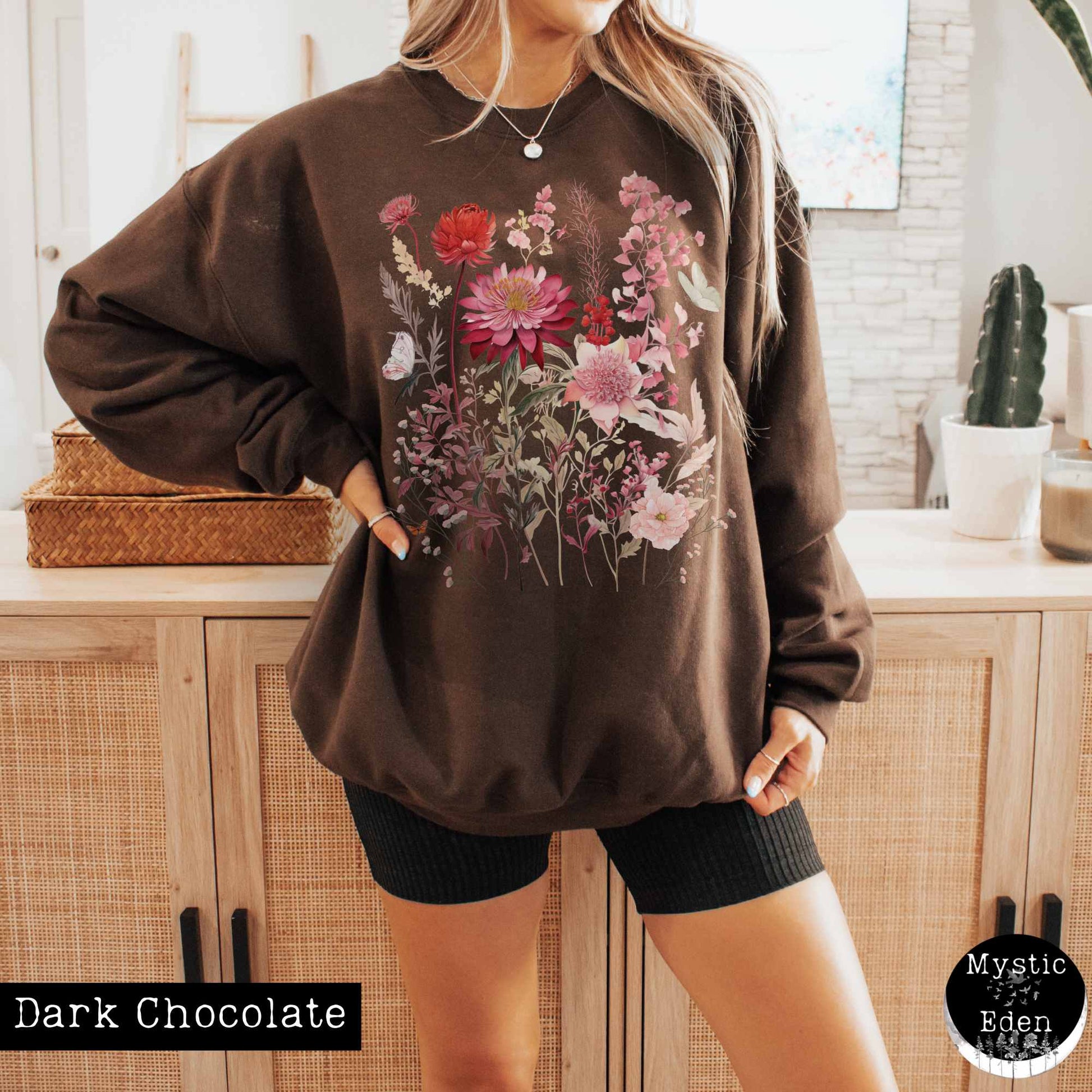 Sweatshirt S / Dark Chocolate Pink Floral pressed flowers sweatshirt with butterflies The Mystic Eden