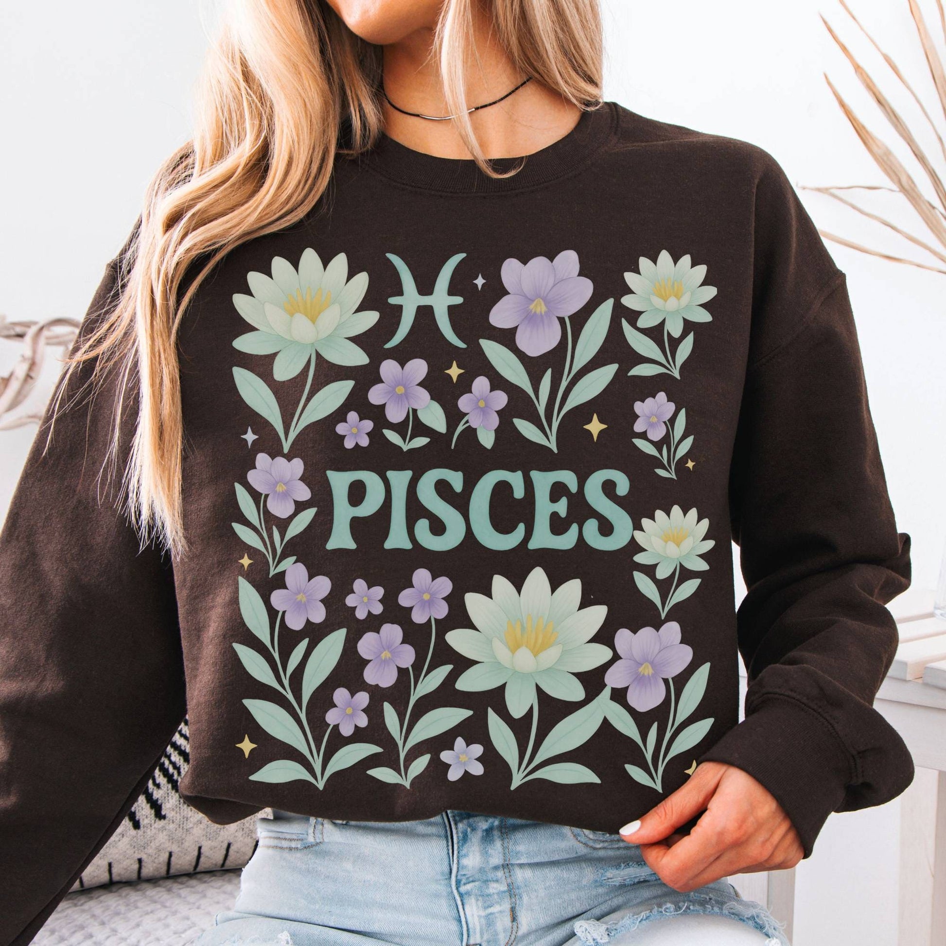Sweatshirt S / Dark Chocolate Pisces Sweatshirt – Boho Floral Zodiac Pullover The Mystic Eden
