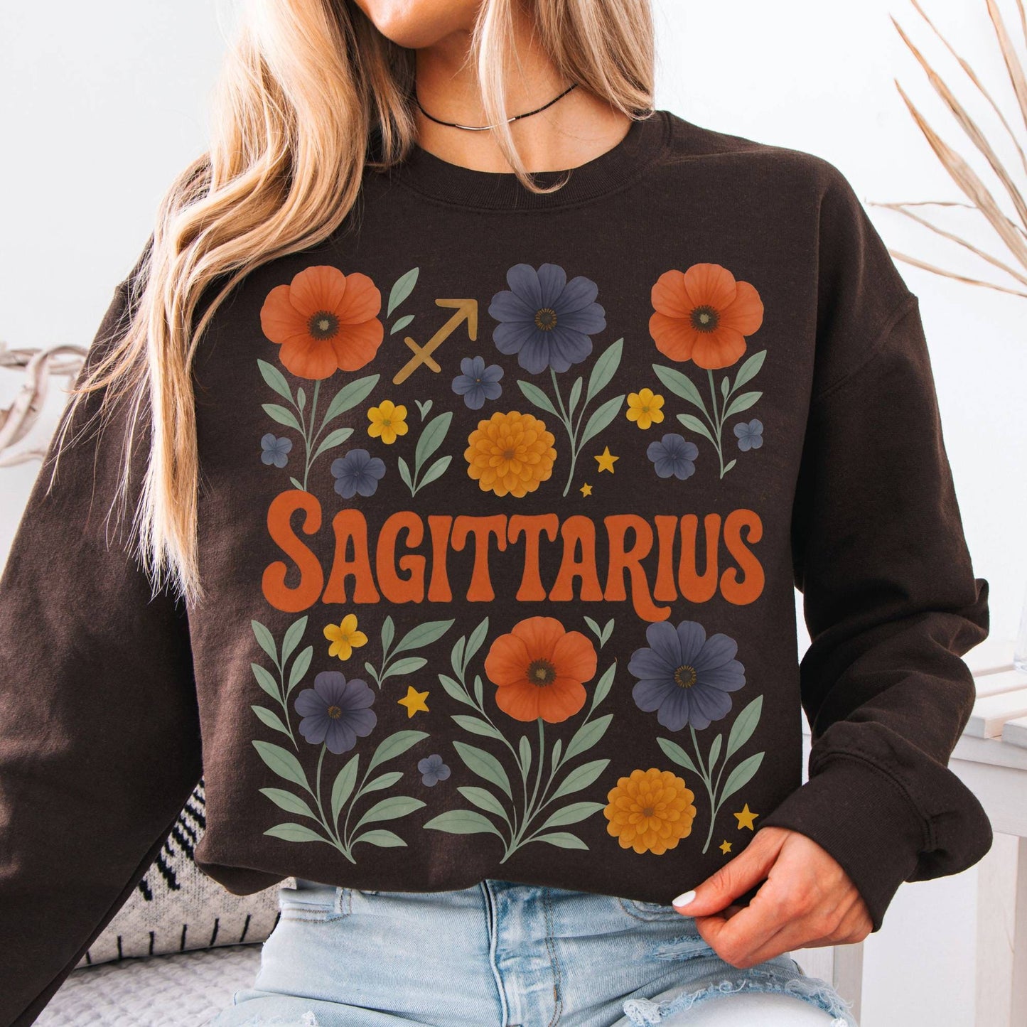Sweatshirt S / Dark Chocolate Sagittarius Sweatshirt – Boho Floral Zodiac Pullover The Mystic Eden