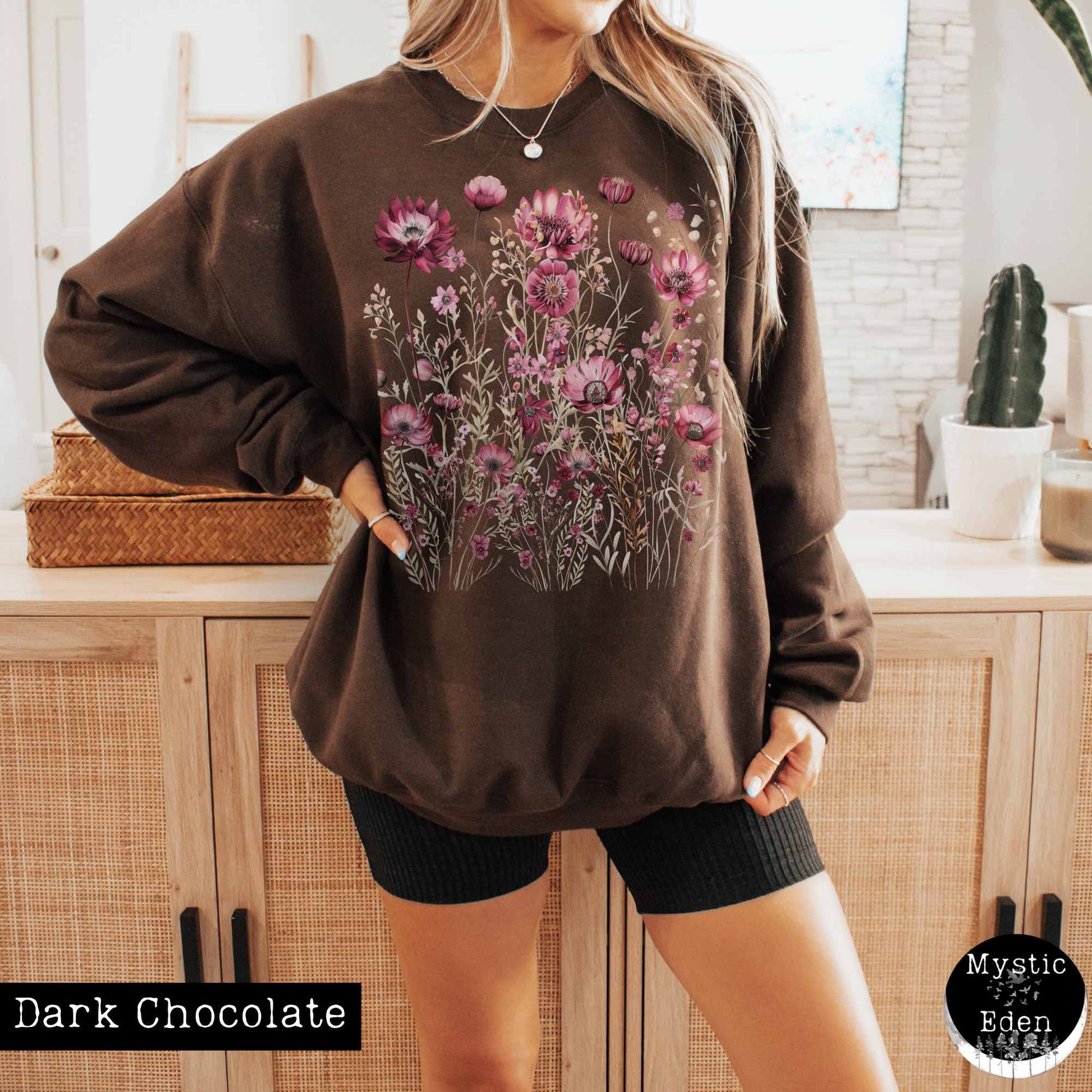 Sweatshirt S / Dark Chocolate Vintage maroon pressed flowers sweatshirt The Mystic Eden