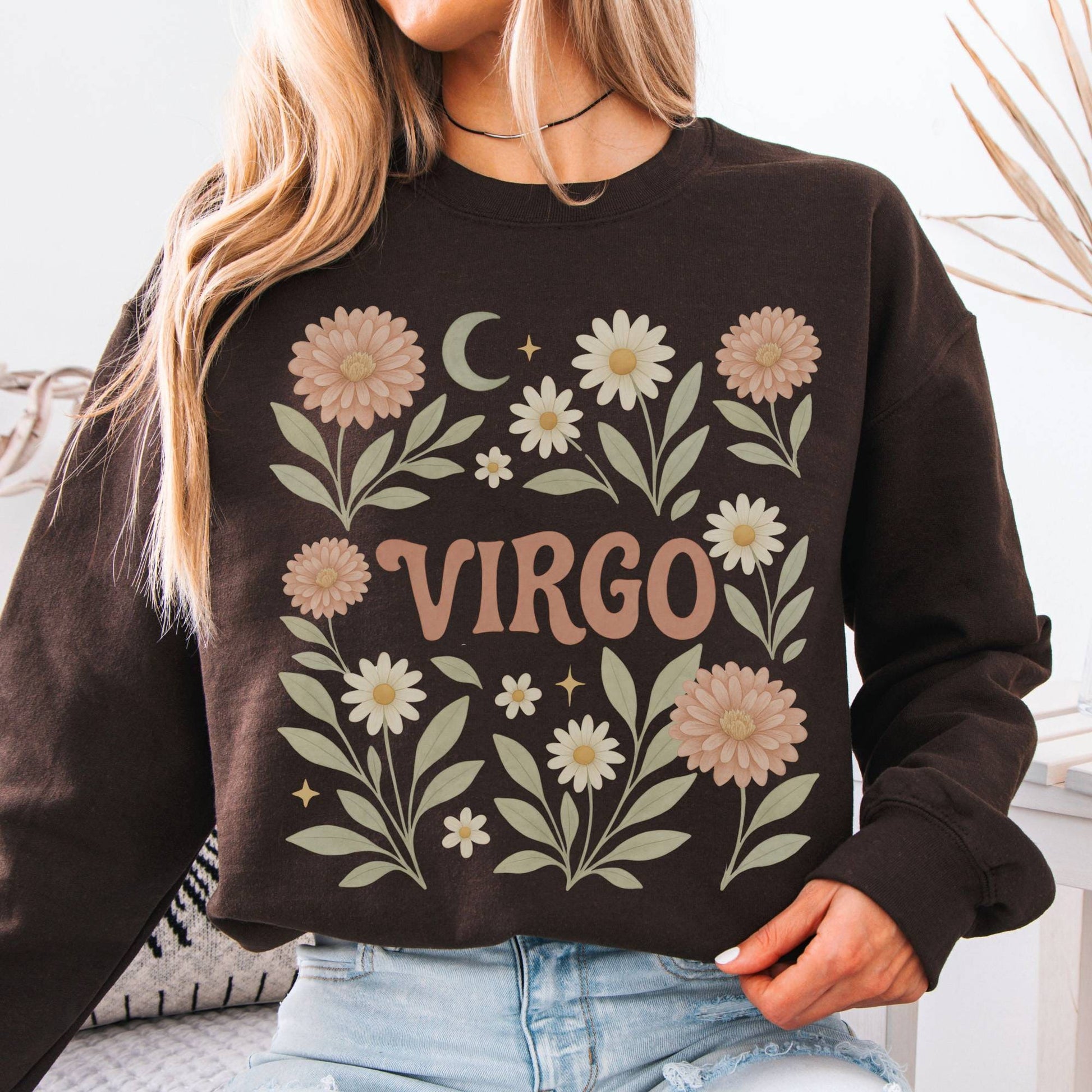 Sweatshirt S / Dark Chocolate Virgo Sweatshirt – Boho Floral Zodiac Pullover The Mystic Eden